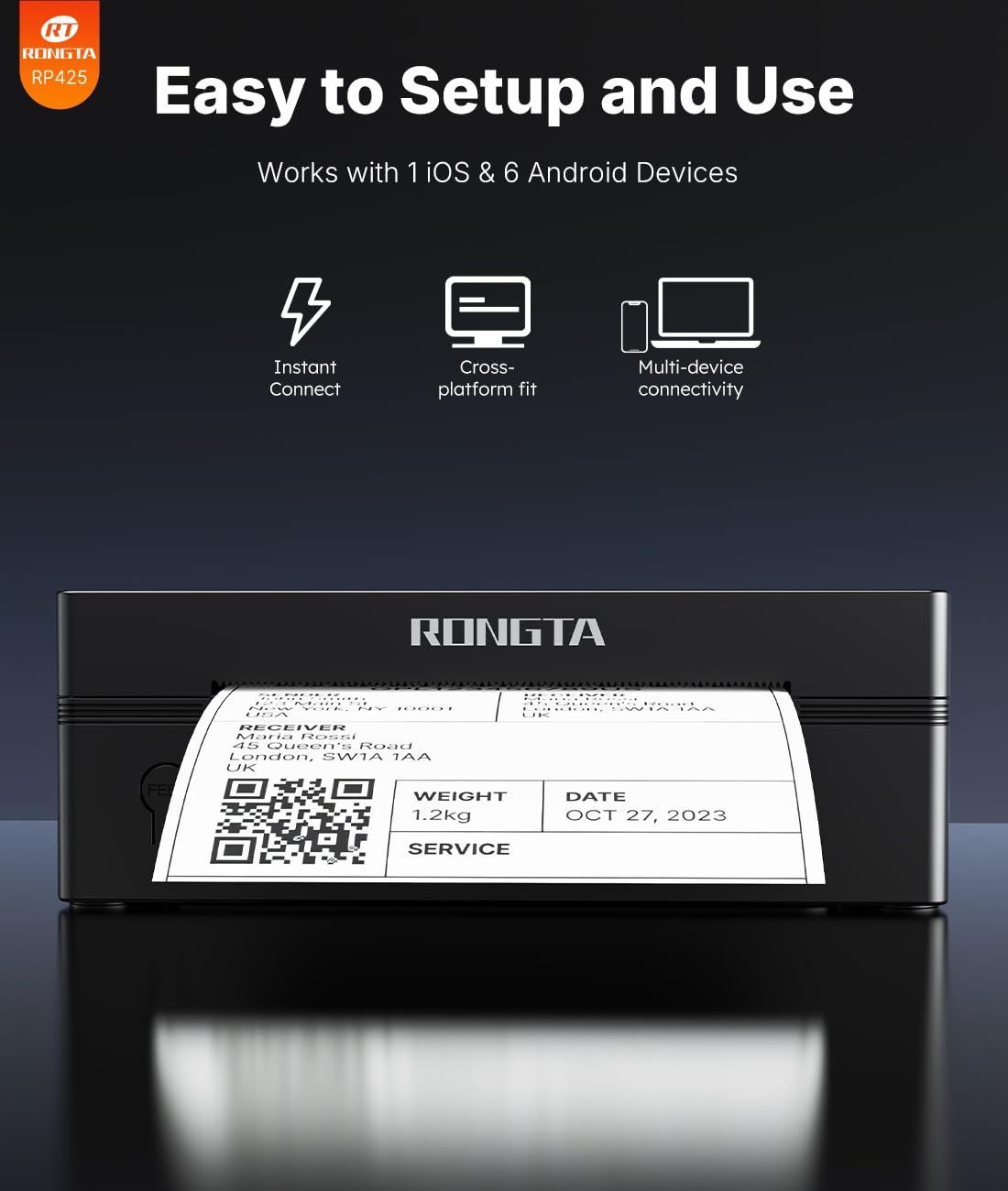 Rongta Bluetooth Shipping Label Printer, Wireless 4x6 Thermal Label Printer for Shipping Packages, Support Android, iPhone, Widely Used for Amazon, Ebay, Shopify, Etsy, UPS, Black