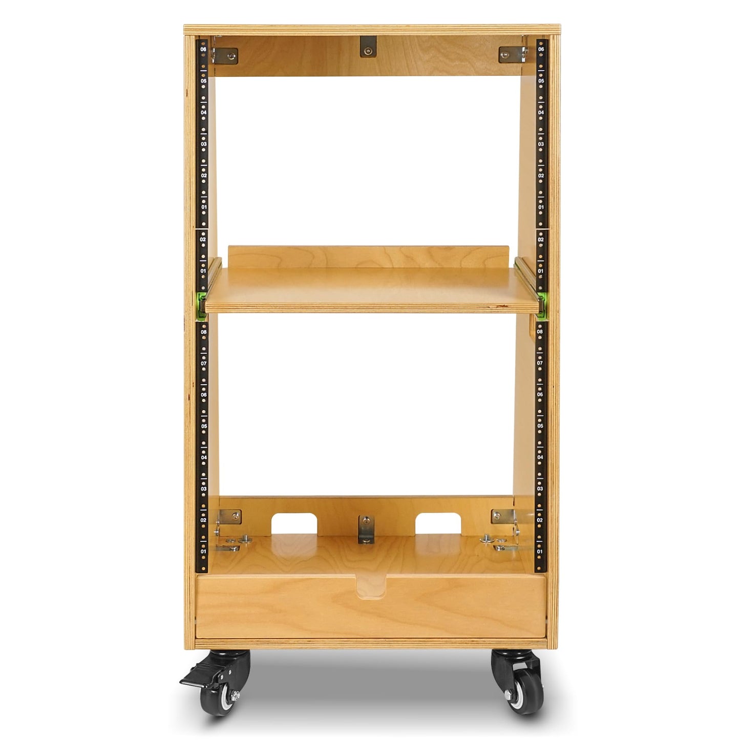 Sound Town DIY Slanted 16U Studio Rack (8U Top + 8U Lower), with 2U Bottom Storage, Slide-Out Tray, Caster, Plywood, Golden Oak for Recording Room, Home Studio (SDRK-ST16T)