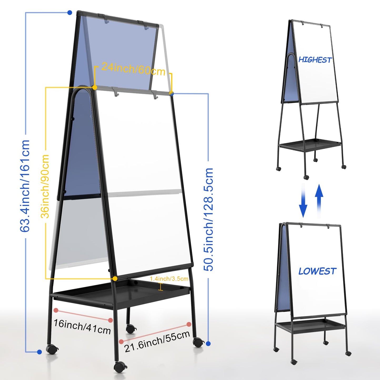 MAKELLO Rolling Whiteboard on Wheels 36x24 in, Double Sided Mobile White Board with Storage Tray for Office School Home, Magnetic Classroom Easel for Teacher, Height Adjustable, Aluminum Frame, 3'x2'