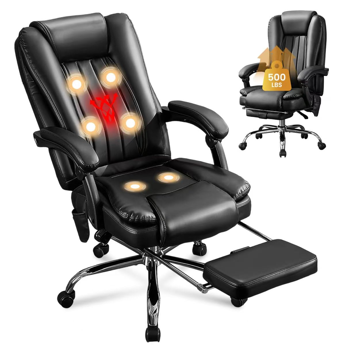 6 Points Vibration & Heat Massage Office Chair with Foot Rest,500lbs Big and Tall Office Chairs,Ergonomic Reclining Desk Chair for Home Office,Gaming