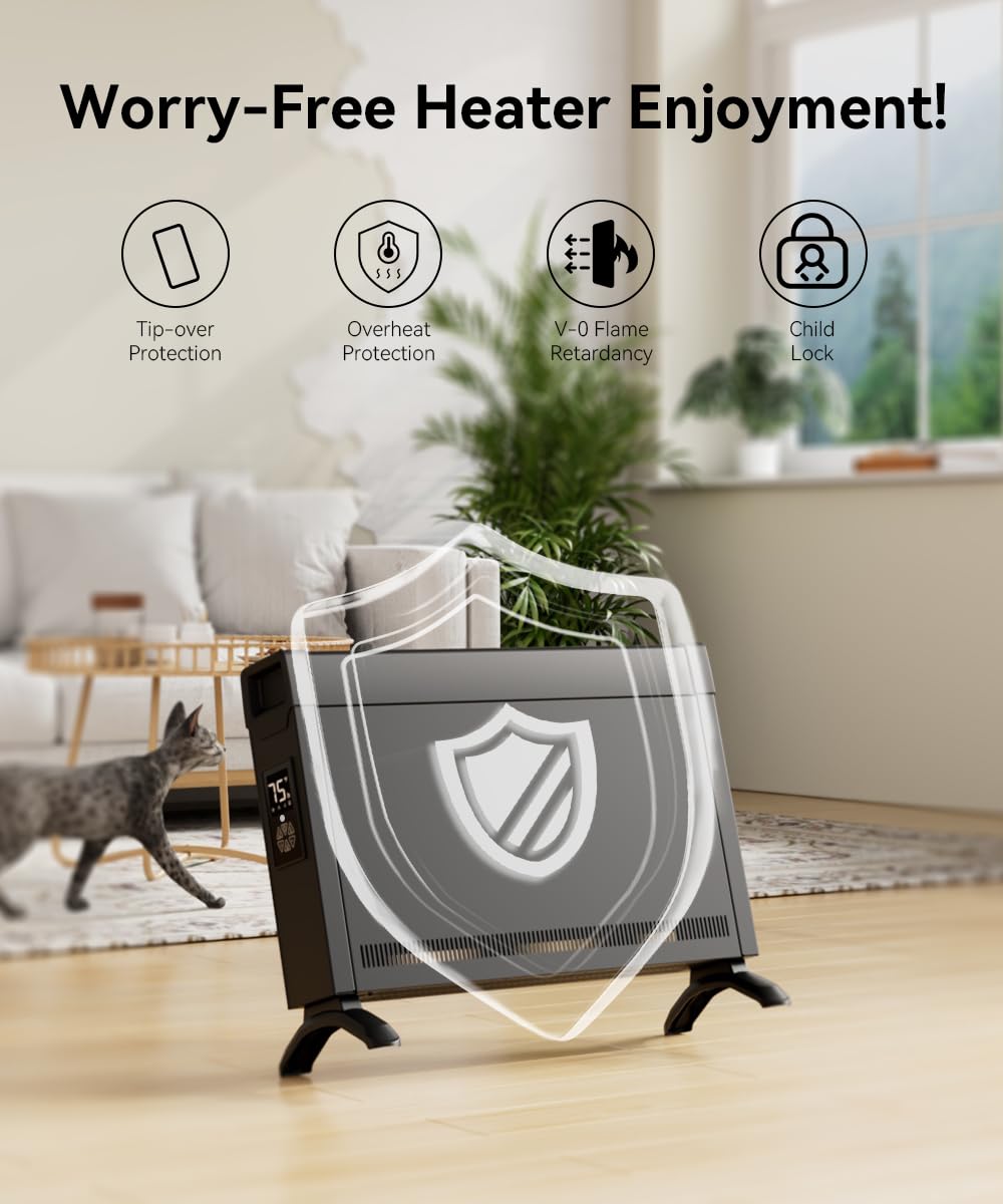 BREEZEHEAT Convection Panel Heater 1500W, Energy Efficient Electric Space Heater for Indoor Use w/Remote Control, Silent Operation, Slim Design for Large Room, Home Office (Black)