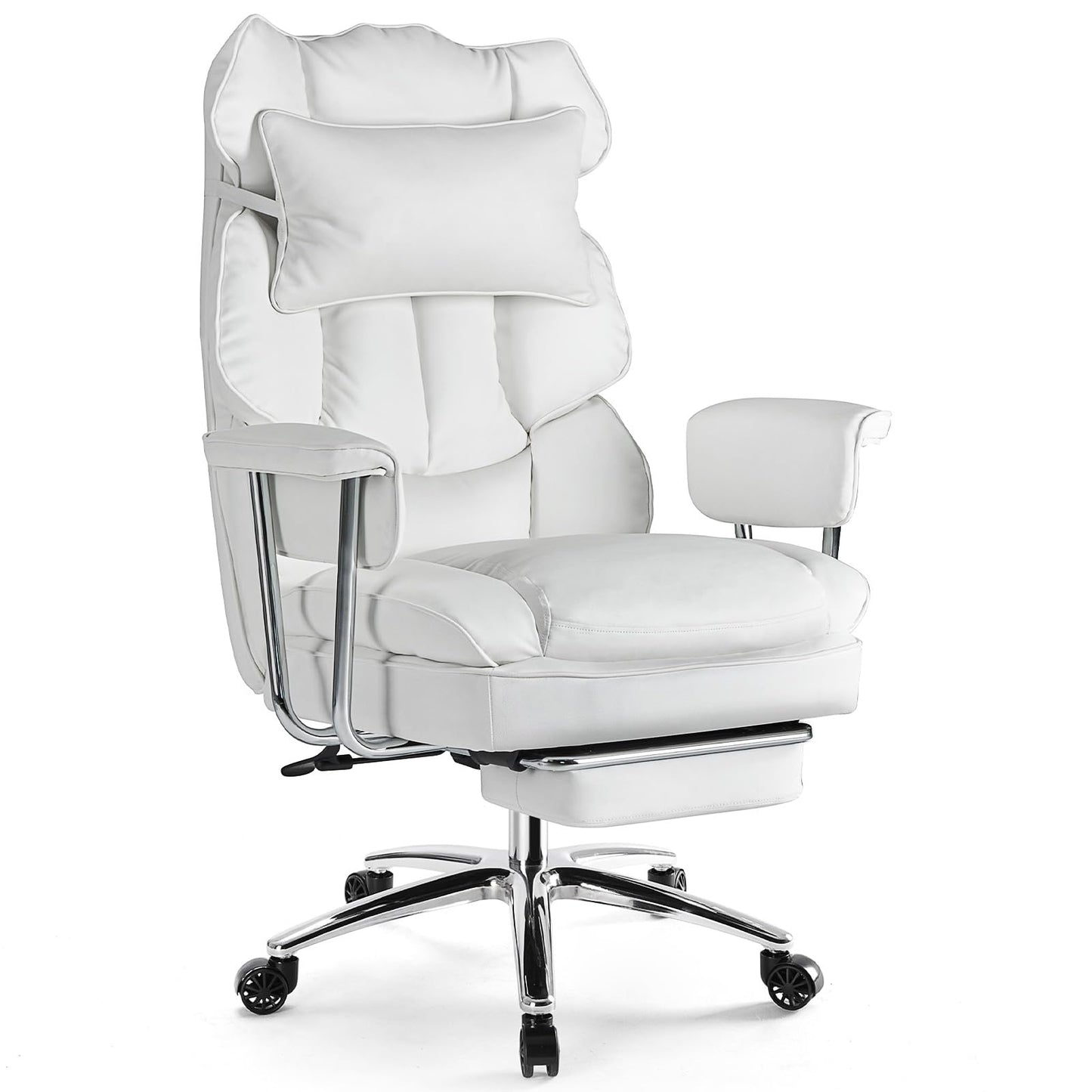 Sweetcrispy Executive Home Office Desk Chair - Ergonomic Big Tall High Back with Footrest & Lumbar Support, Reclining Height Adjustable, Comfy PU Leather Computer Gaming with Swivel Wheels, White