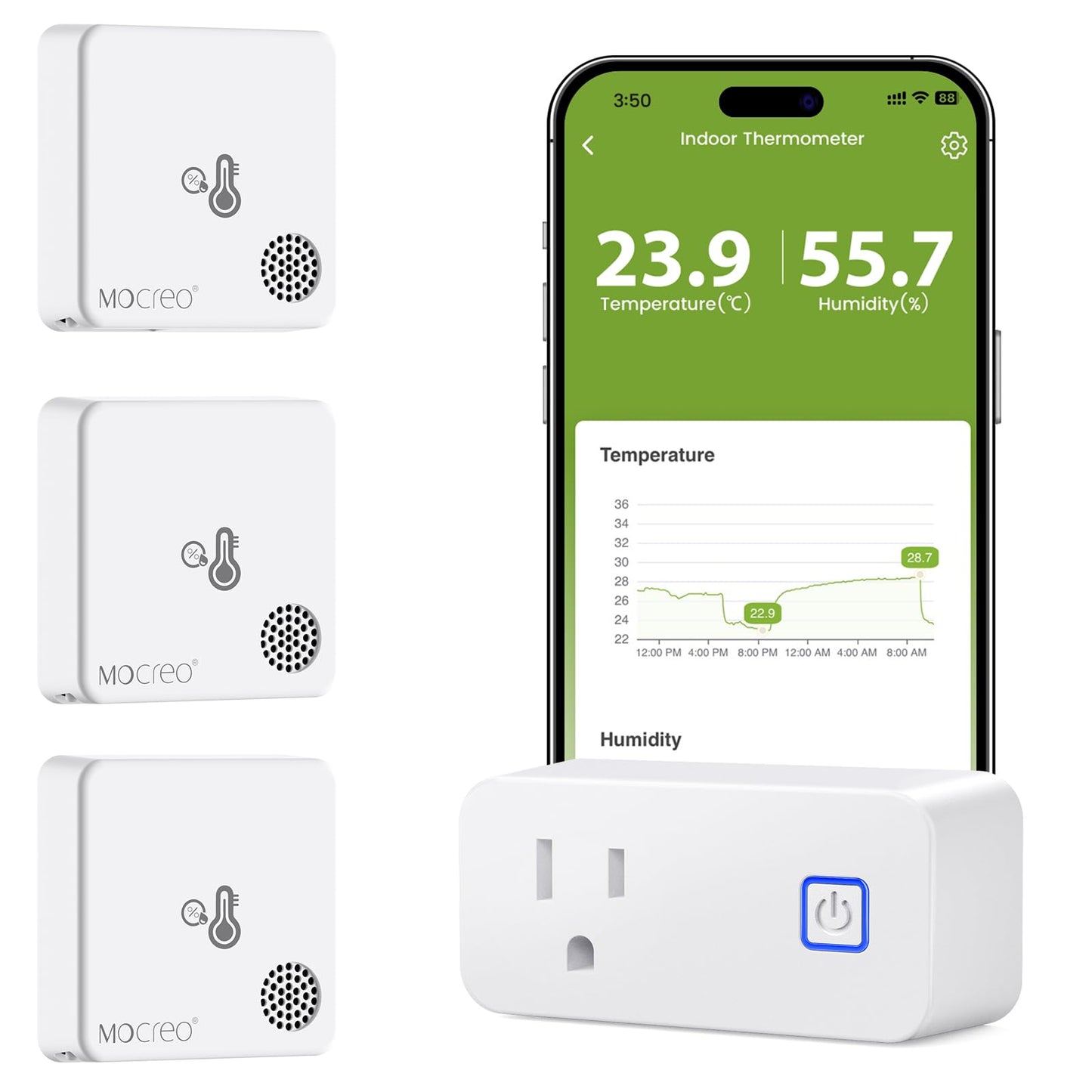 MOCREO WiFi Room Thermometer Hygrometer, Remote Email App Alert, 2 Years Data Export, 2 Years Battery, No Subscription, 3 Smart Temperature Sensors for RV, Greenhouse, Vacation Home, HVAC