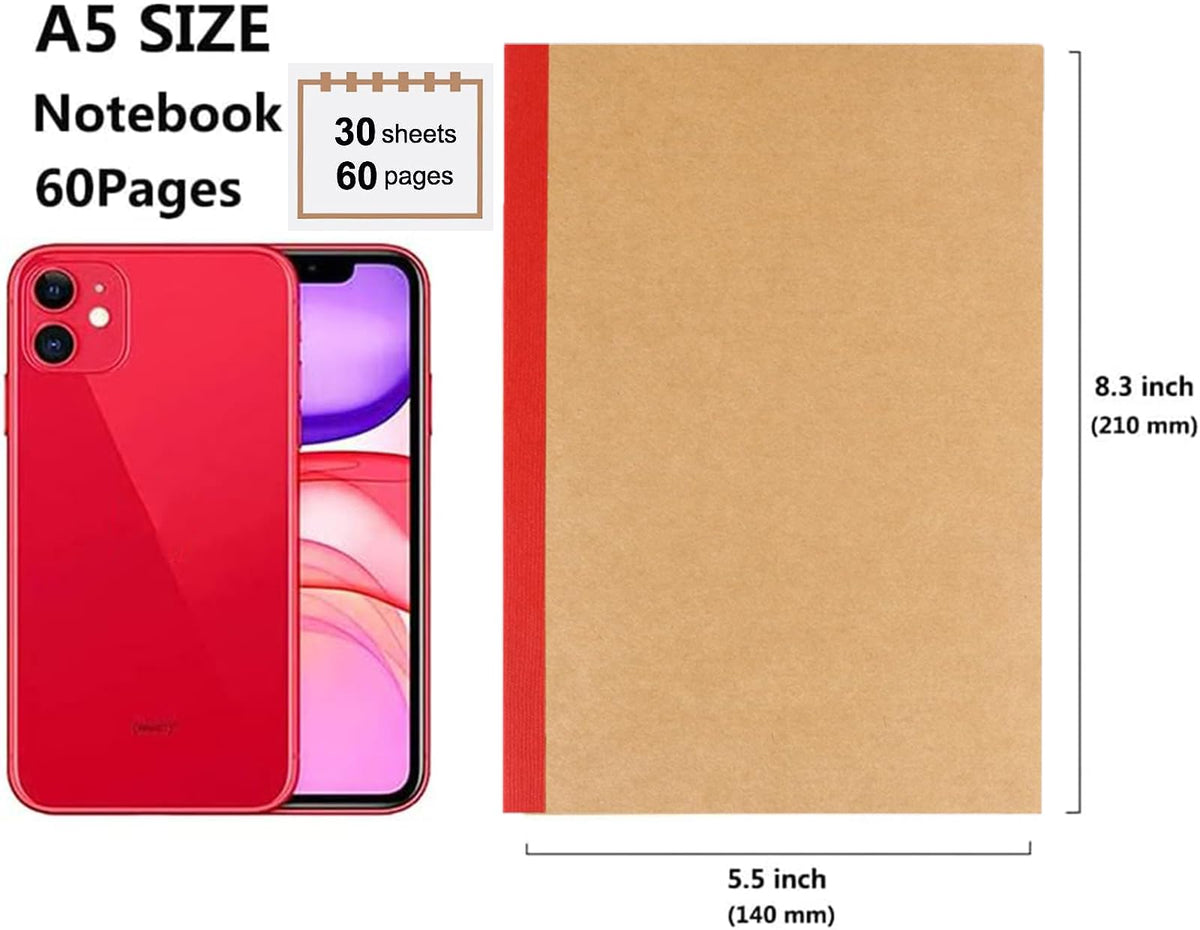 12 Pack A5 Notebooks Bulk, Kraft Cover Lined Blank College Ruled Travel Journals with 12 Colors Rainbow Spines For Women Students, 60 Pages, 8.3”x 5.5”, for Home, Office or School Supplies