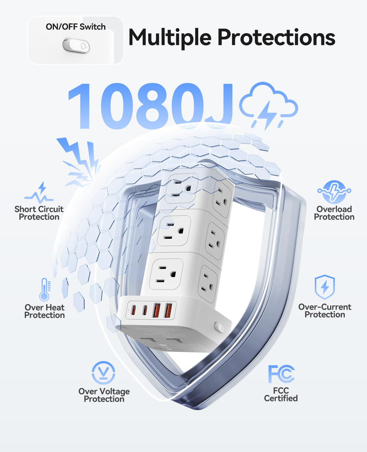 ORICO Tower Power Strip with Surge Protection, Charging Station Tower with 12 AC Outlets 4 USB Ports (2 USB C), Space Saving Design, 5FT Tower Extension Cord for Home, Office, Dorm - TPP20