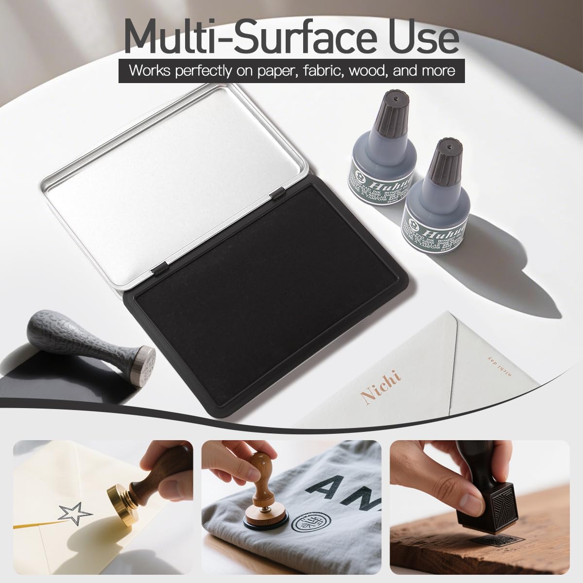 Melispapa Large Black Stamp Ink Pad Set - 1 Black Stamp Pad & 2 Black Ink-Refills (2 oz), 6.2" x 3.9" Large Ink Pad for Rubber Stamps, Non-Toxic, Washable, Waterproof & Permanent