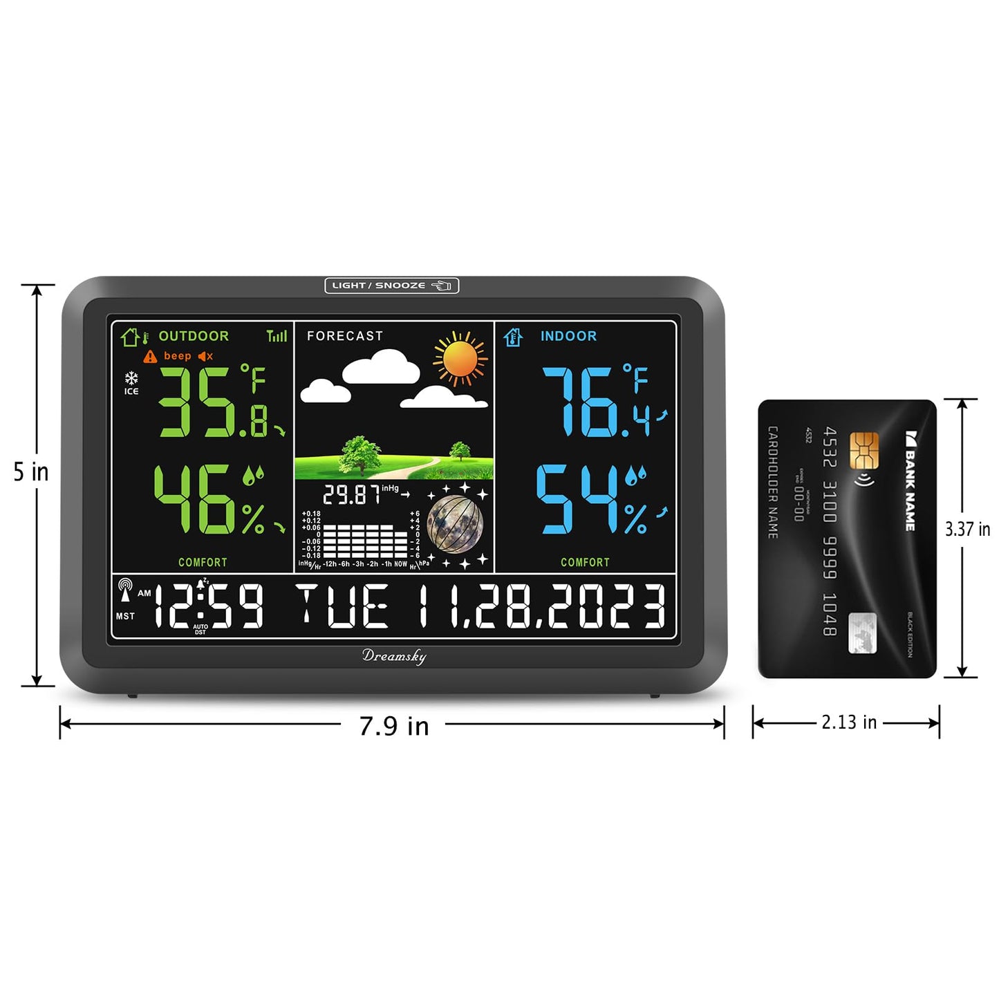 DreamSky Weather Station Indoor Outdoor Thermometer Wireless with Digital Atomic Clock for Home, Large Display with Dimmer, USB Port, Inside Outside Temperature Humidity Monitor (Plug-in)