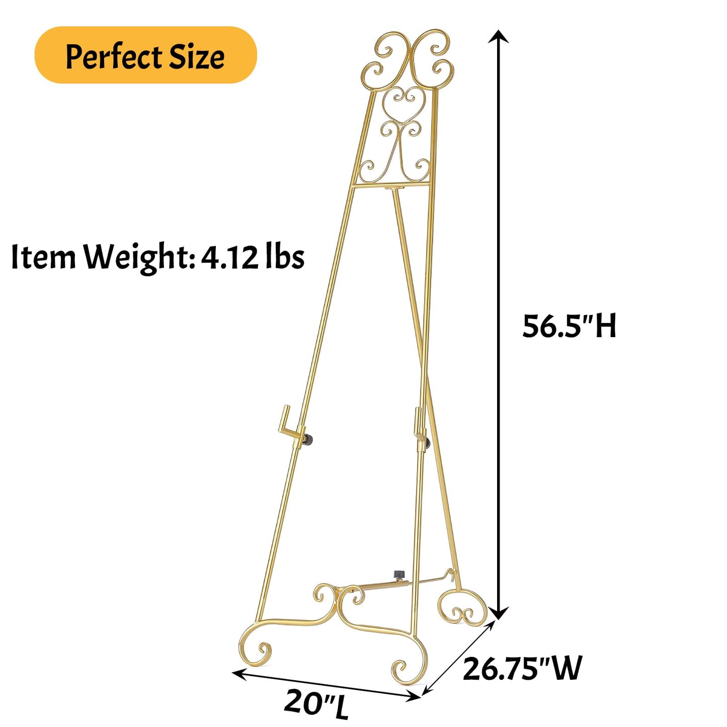 Metal Large Free Standing Adjustable Display Stand Scroll Easel with Chain Support, Gold Easel Stand for Sign, Heavy Duty Easel for Mirror, Wedding, Picture Frame (No Installation Required)
