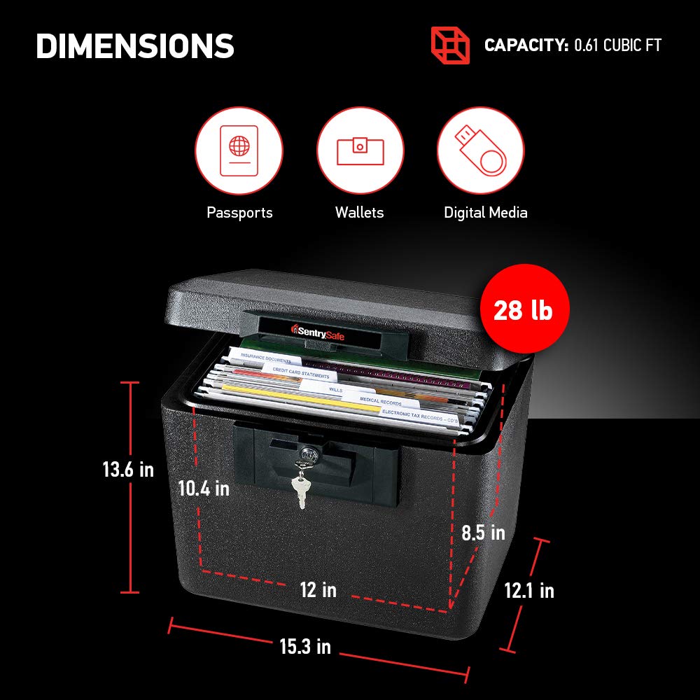 SentrySafe Black Fireproof Document Box with Key Lock, Safe Secures Files and Documents for Home or Office, 0.61 Cubic Feet, 13.6 x 15.3 x 12.1 inches, 1170