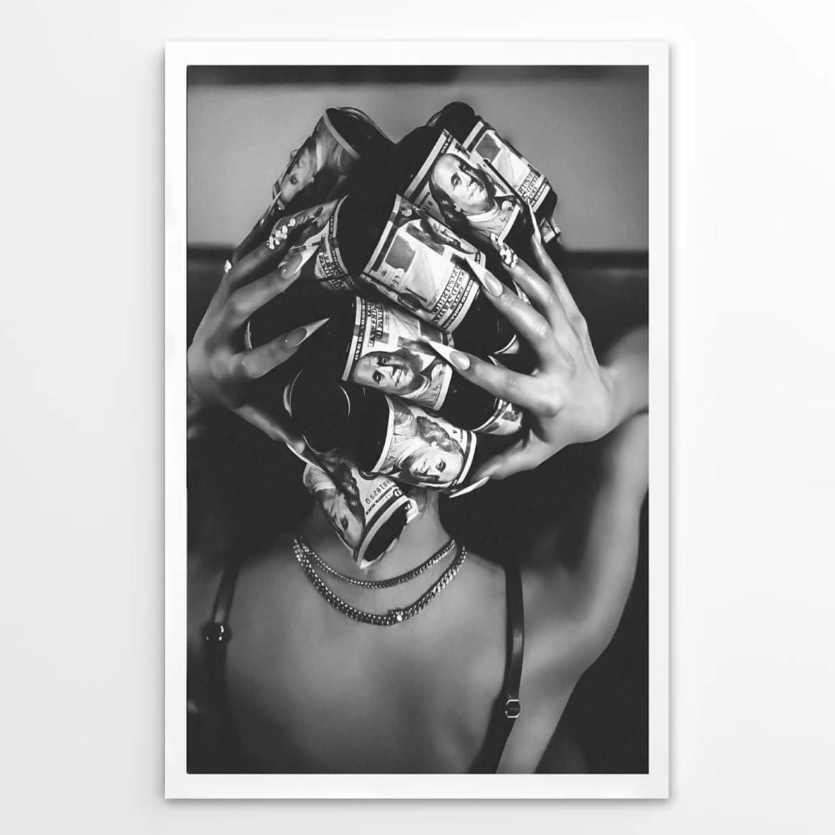 Trendy Black and White Wall Art Luxury Money Hair Rollers Black Woman Poster Retro Bold Feminine Fashion Hypebeast Print for Bedroom Dressing Living Room Dorm Decor 12x18inch Unframed