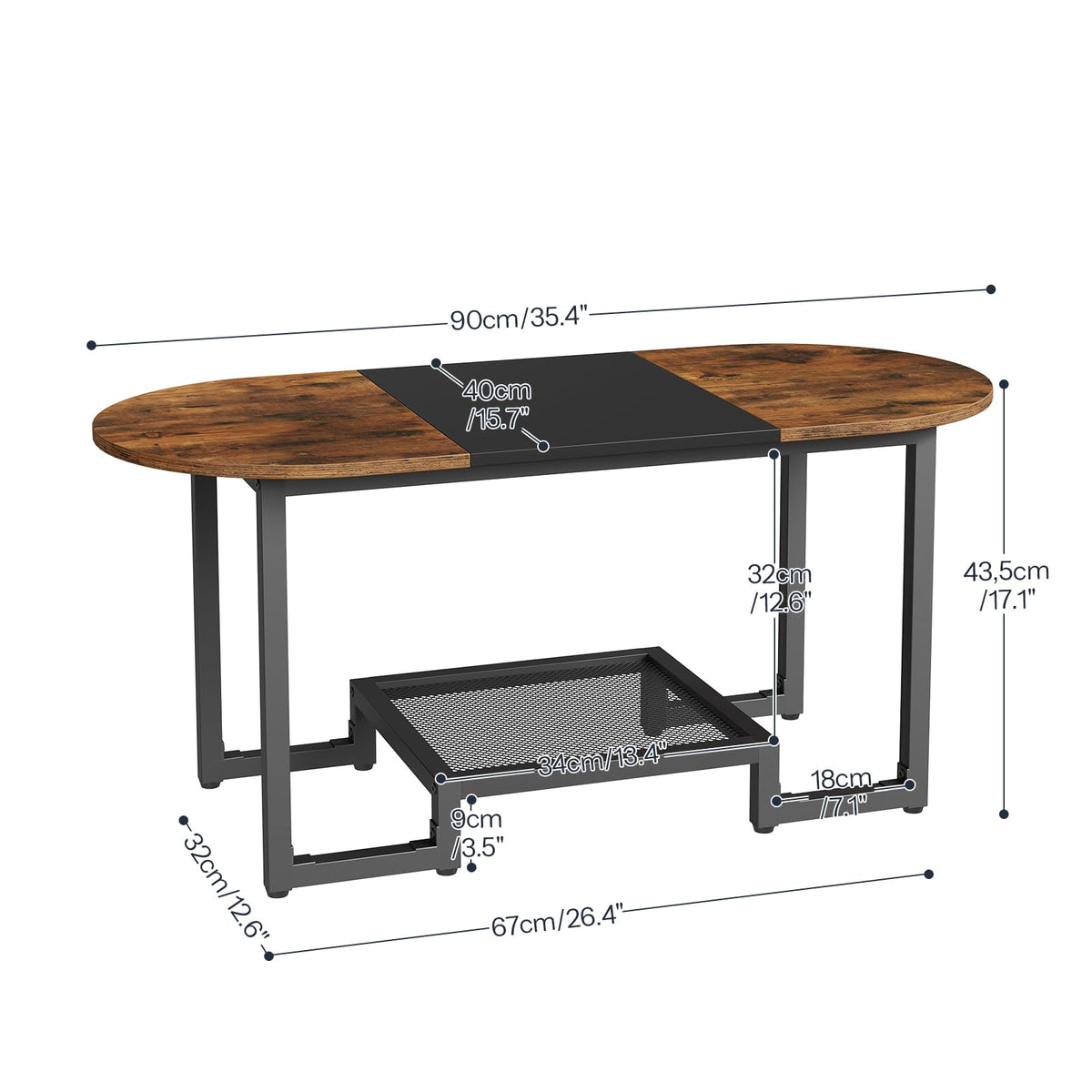 HOOBRO Coffee Table, Oval Small Coffee Table with 2-Tier Storage Shelf, Narrow Modern Center Table for Small Spaces, Living Room, Bedroom, Office, Rustic Brown and Black BFK12KF01