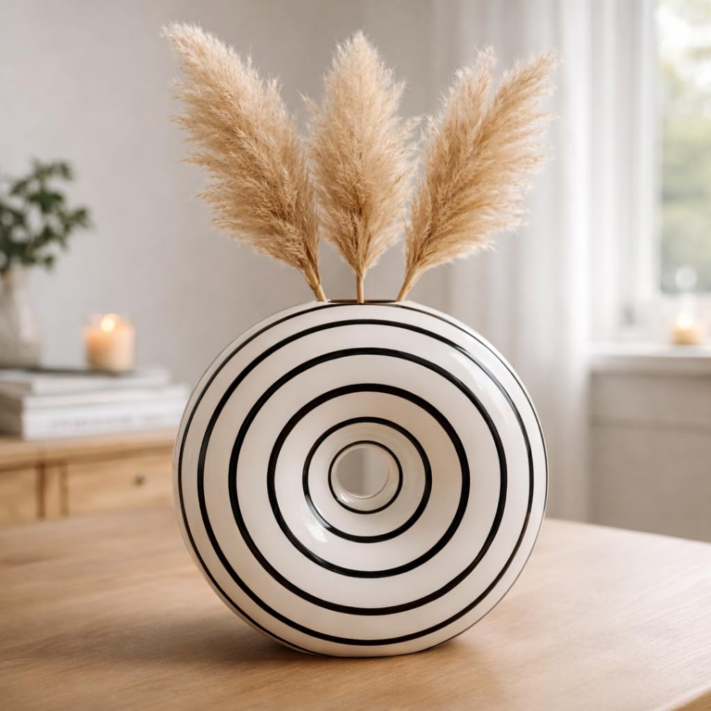 Konstéra Ceramic Large Donut Vase Hand-Painted Glossy Finish, Unique Modern Home Accent, Flower Holder, Stylish Decor for Living Room, Coffee Table, Mid-Century Modern