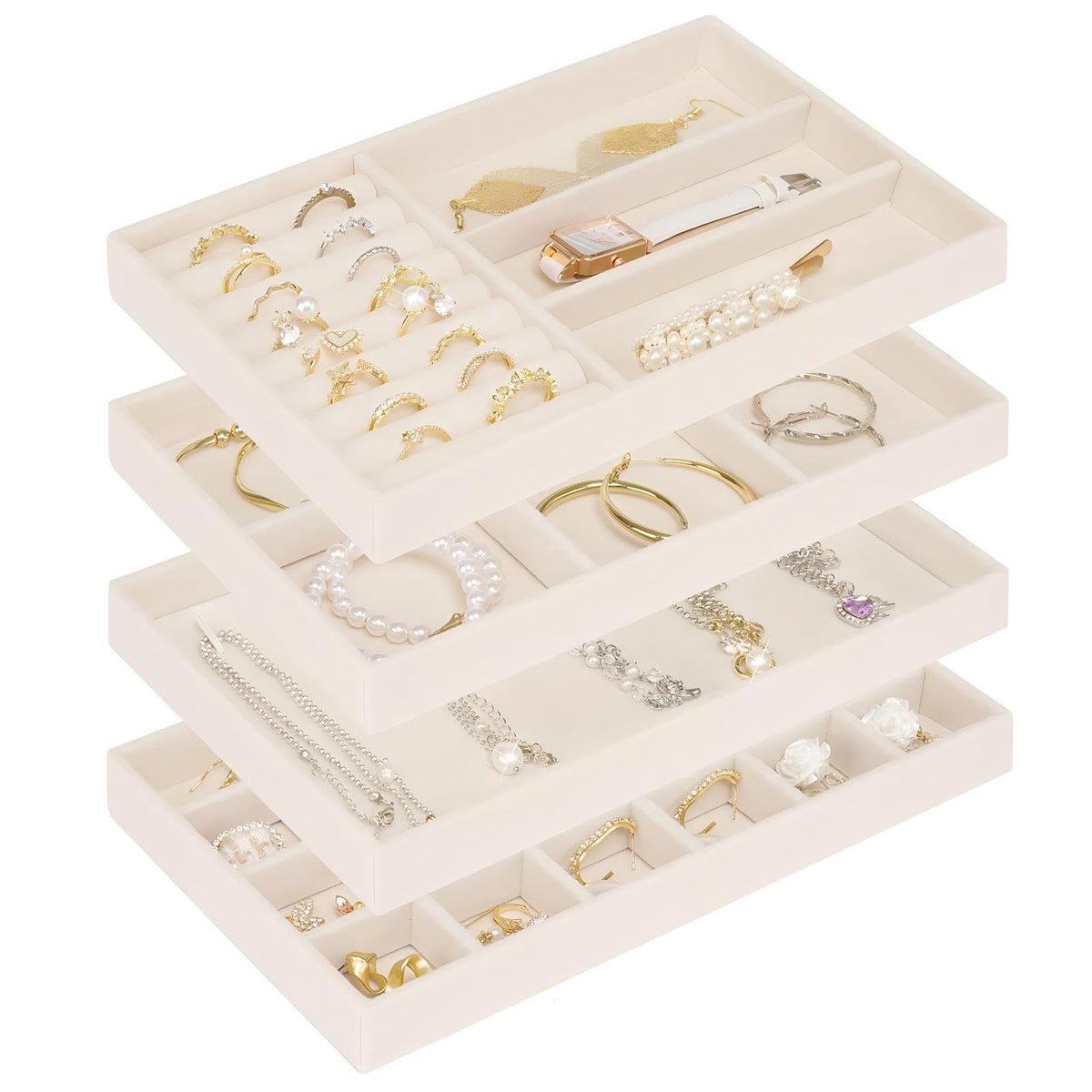 Cirhy Velvet Jewelry Drawer Organizer Trays – Stackable Jewelry Trays for Drawers, Set of 4 Jewelry Organizer for Drawer Inserts, Display Storage Box for Earrings, Rings, Necklaces, Bracelets