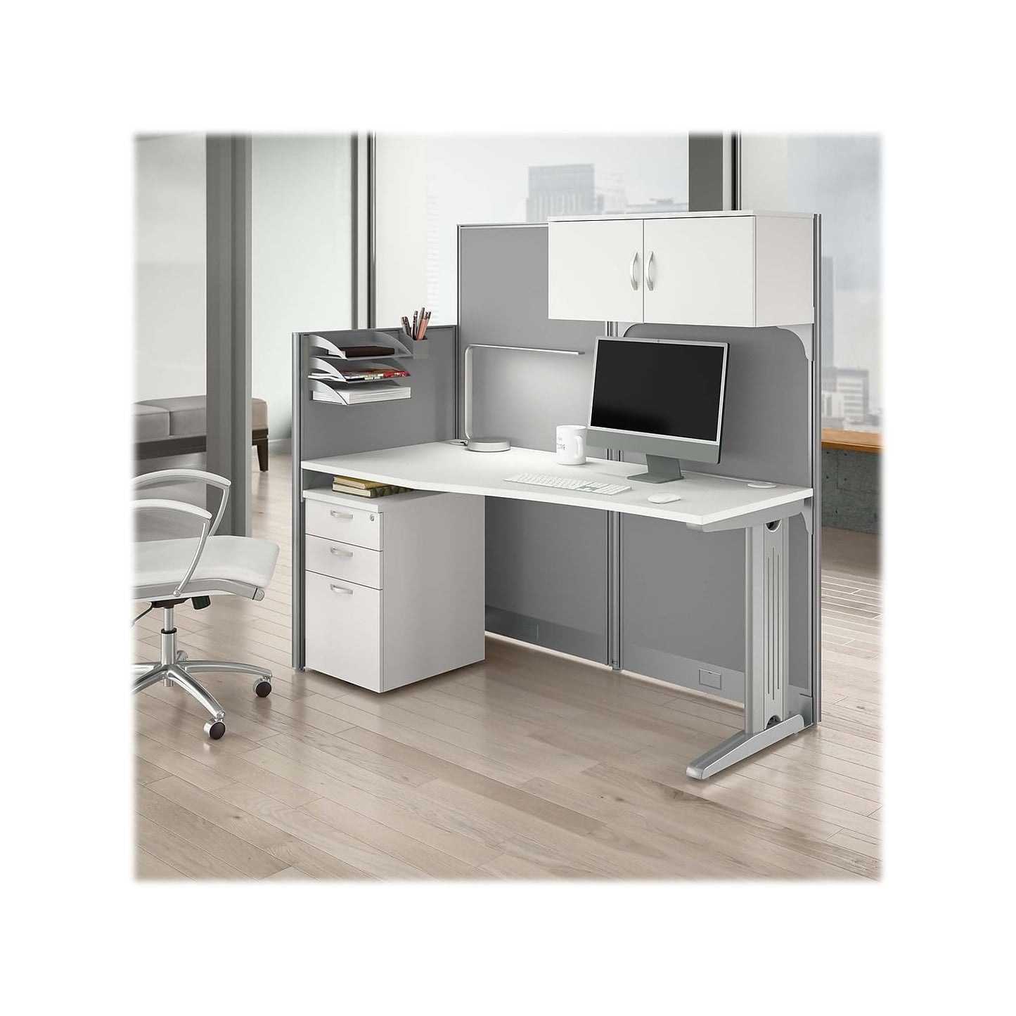 Bush Business Furniture Office in an Hour 65W Straight Cubicle Desk with Storage, Drawers, and Organizers in Pure White | Modern Computer Table Set with Privacy Panels for Commercial Workspace