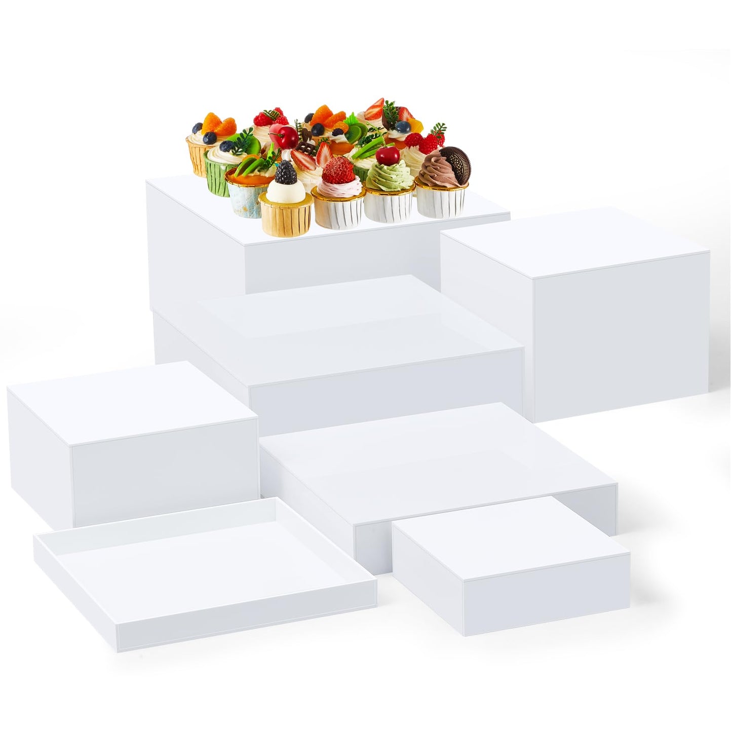 Leinuosen 7 Pcs Large Buffet Risers Set 6" to 12" Acrylic Display Box Catering Dessert Table Riser Food Display Decorative Stand with Hollow Bottom for Catering Supplies(White, Square)