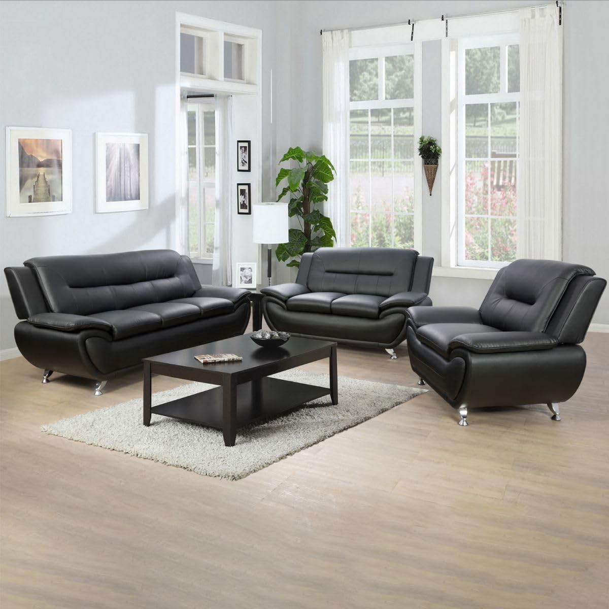 UOCFYK Lounge Comfy Faux Leather Sectional Sofa Modern Couch for Small Living Room/Dorm/Bedroom/Office/Apartment for Small Spaces, (Black-2, Three-Piece)