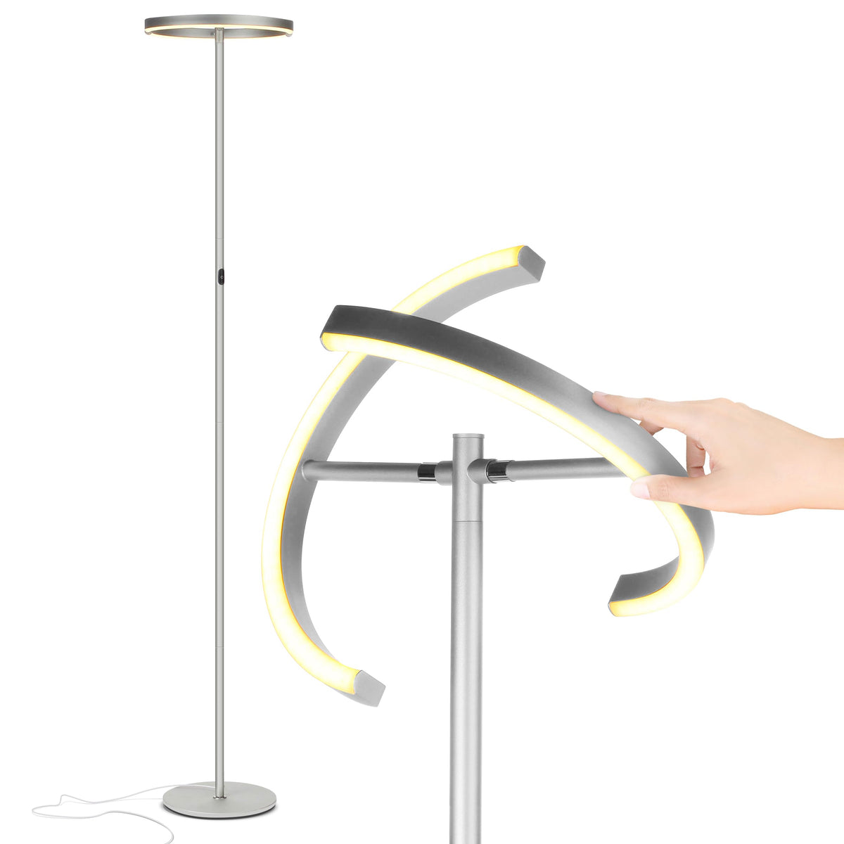 Brightech Halo Split Floor Lamp, Modern Bright LED Torchiere Floor Lamp for Offices - Dimmable, Tall Standing Lamp for Living Room or Bedroom - Adjustable Light w/Rotating Angles - Platinum Silver