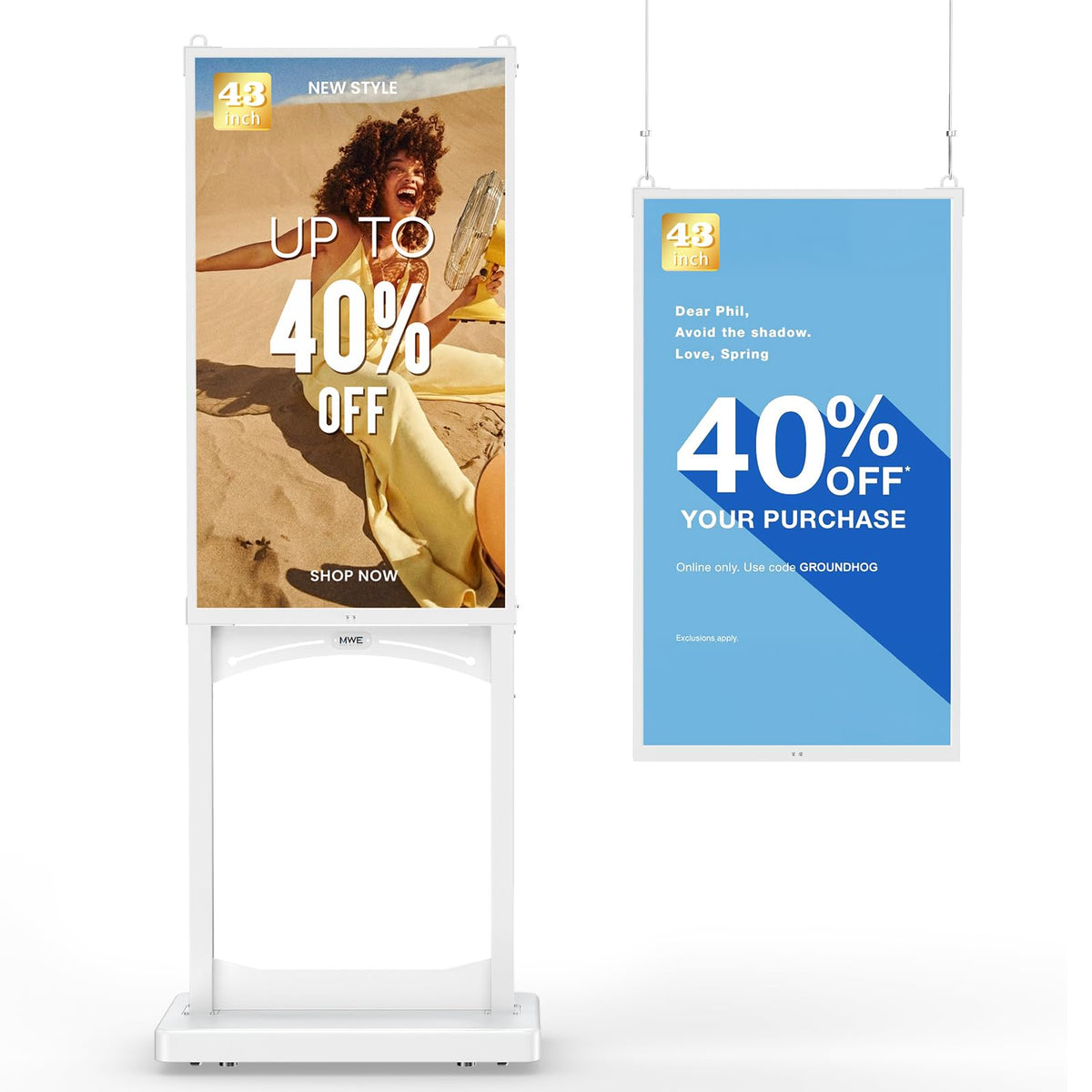 MWE 43 Inch Indoor Digital Signage Display, 1000 Nits Window Advertising Display Kiosk, Free Custom Logo Nameplate, Support Floor Standing or Ceiling Mounted, for Retail Store Window Promotion
