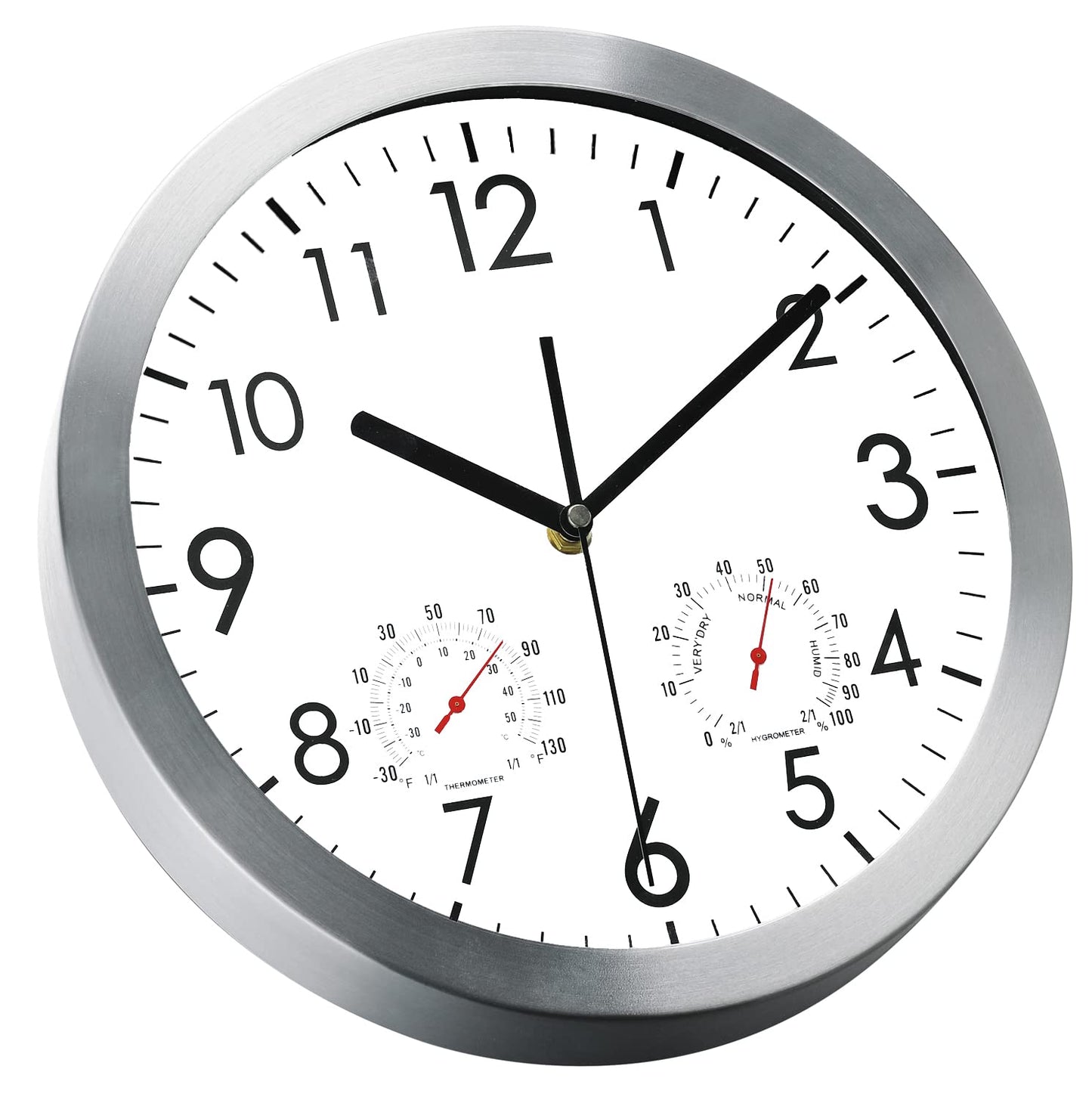 WOOPHEN 12 Inch Wall Clock with Temperature and Humidity, Battery Operated Non Ticking Silent Metal Frame Wall Clocks for Office, Home, Bathroom, Kitchen, Bedroom, School, Living Room(Silver)