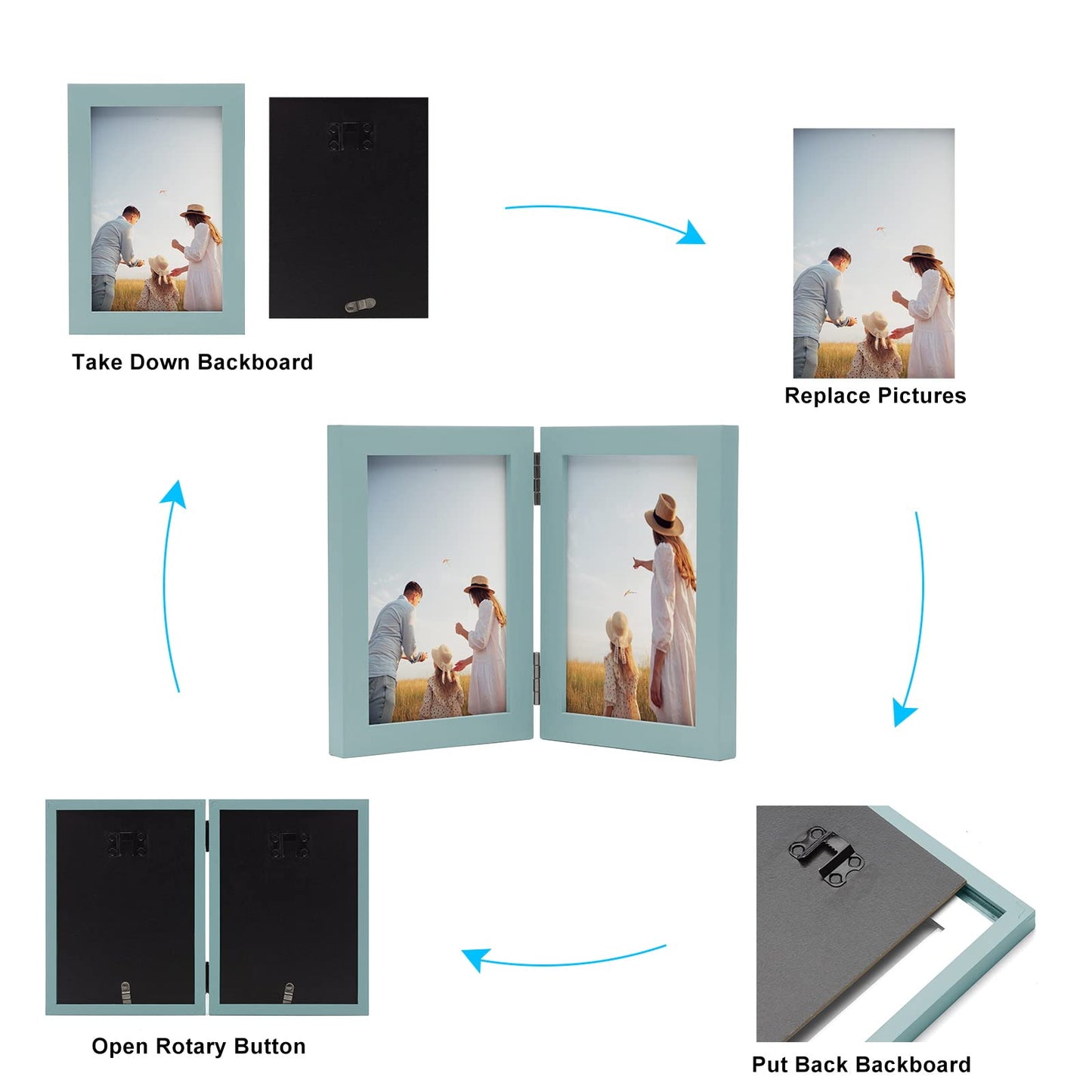 Janreefan Double Vertical & Horizontal 4X6 Picture Frames Hinged Folding Photo Frames in Teal Blue for Wall Hanging or Tabletop Standing, Made of Pine Wood with Real Glass P-S46H64-LAN