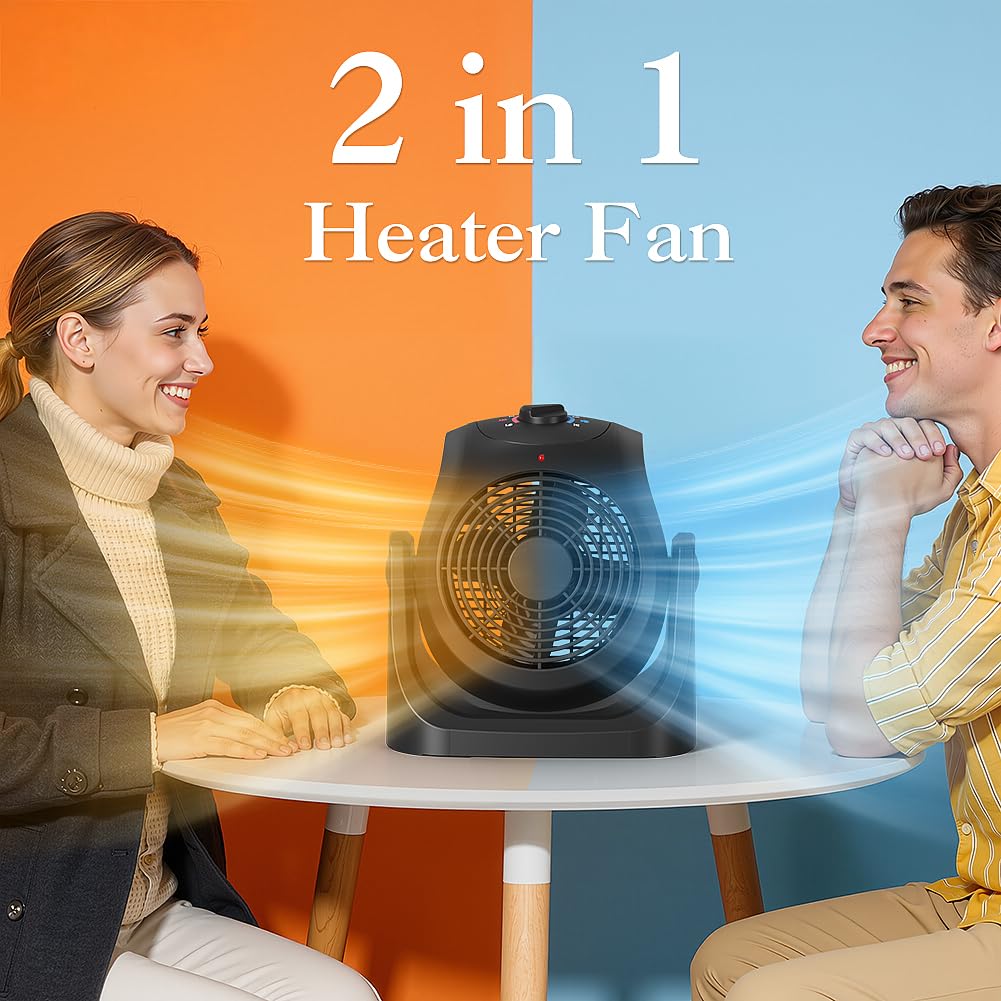 2 in 1 Heater Fan Combo, Portable Space Heater Cooling Desk Fan, Air Circulator Fan 45° Tilt, 2 Wind Speeds, 1500W Overheat Protection Personal Small for Home Office Black