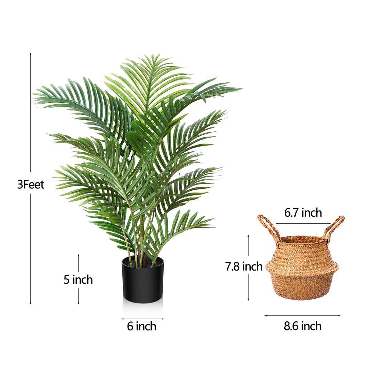 LOMANTO Fake Majesty Palm Plant 3Ft Artificial Tree for Home Decor Indoor Small Faux Trees in Pot Fake Tropical Plants for Housewarming 2Pack