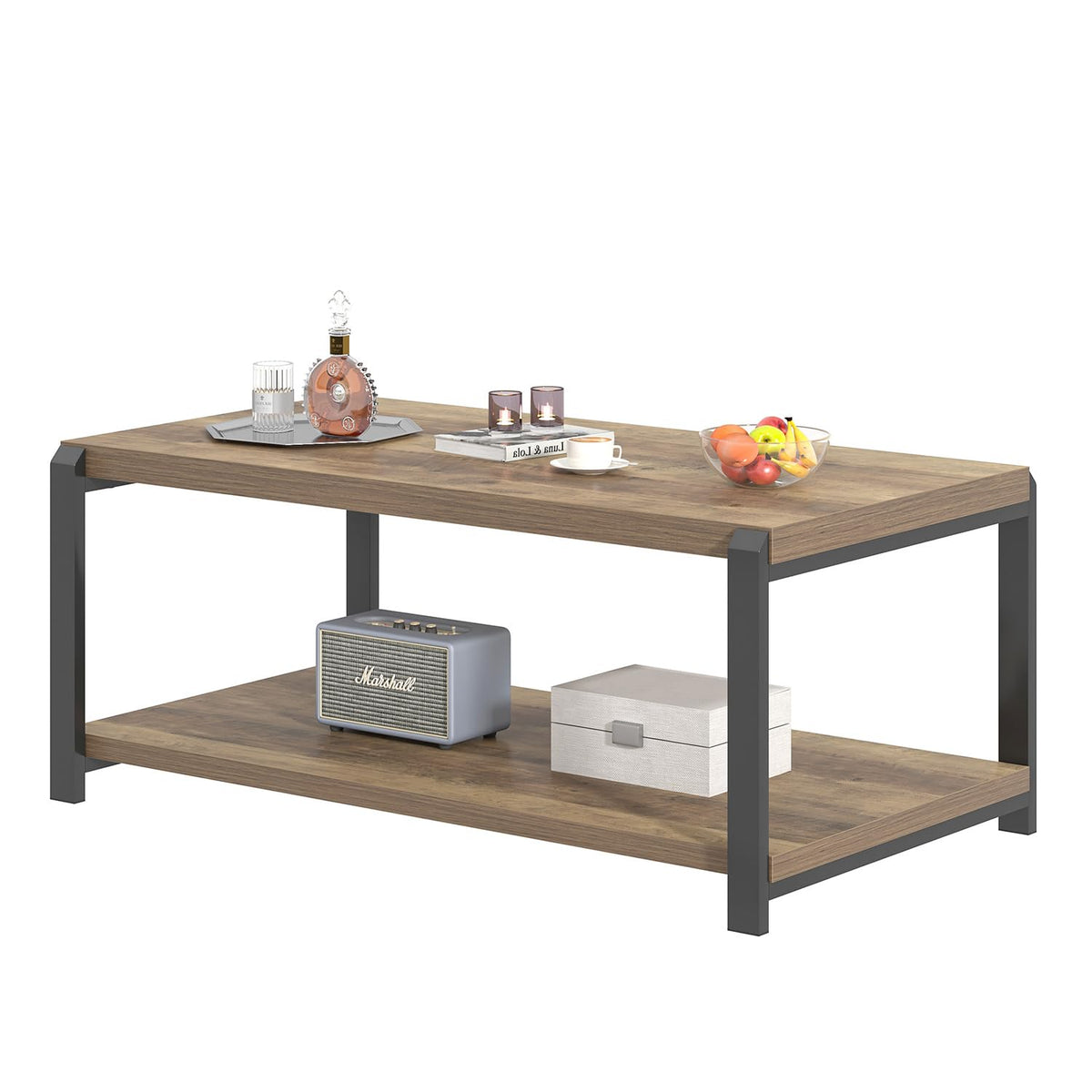 EXCEFUR Modern Coffee Table, Rustic Wood and Metal Center Table for Living Room, Industrial Rectangle Cocktail Tea Table with Storage, Oak