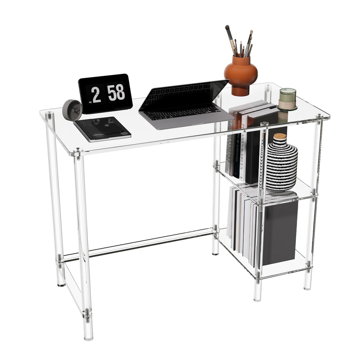 HMYHUM 40 Inch Acrylic Computer Desk with Reversible Storage Shelves, Clear Home Office Desk for Laptop, Study, Writing, Vanity Table, Modern