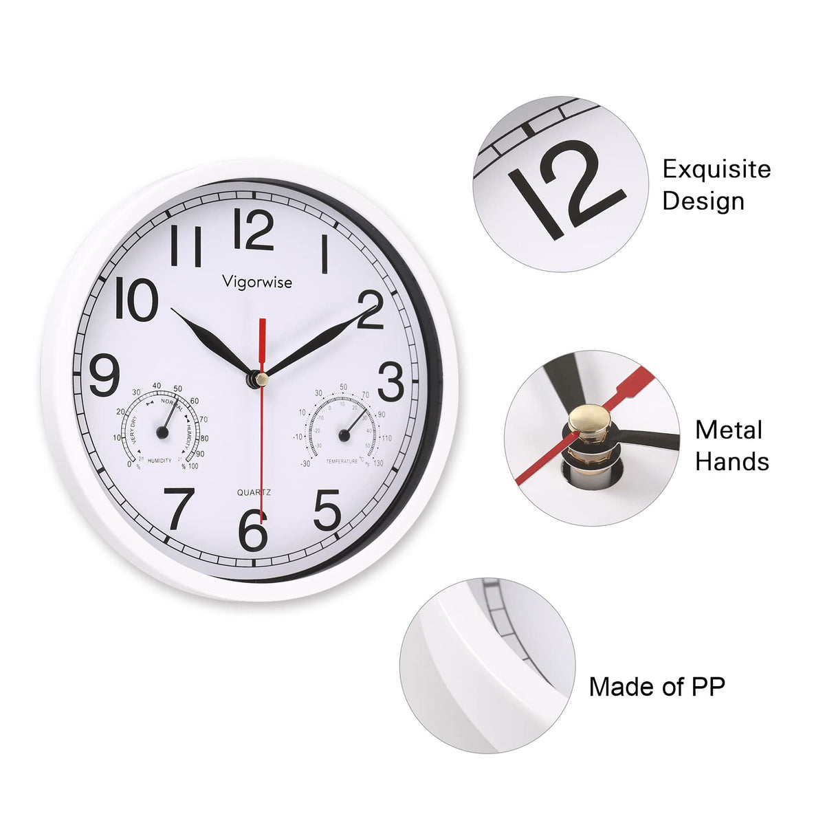 Vigorwise 8 Inch White Wall Clock, Sweep Silent Movement Accurate Clocks with Temperature & Humidity, Decorative for Kitchen/Living Room/Bedroom/Office/School/Classroom