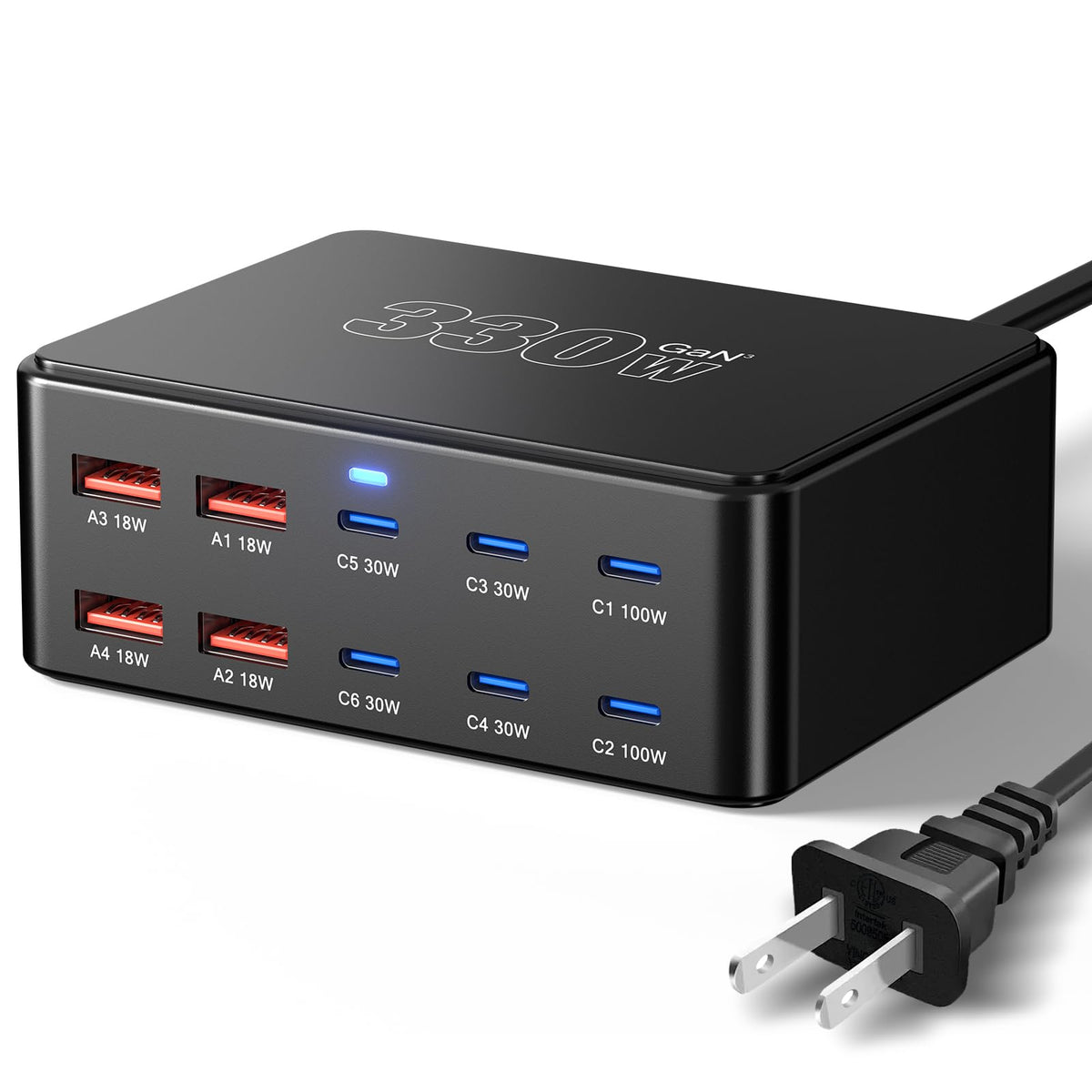 330W 10-Port USB C Charging Station, PD 100W 65W 45W 30W 20W Laptop & Phone Desktop Fast Charger Hub, Compatible with MacBook Pro/Air, iPhone 17/16/15/Pro, iPads, Galaxy