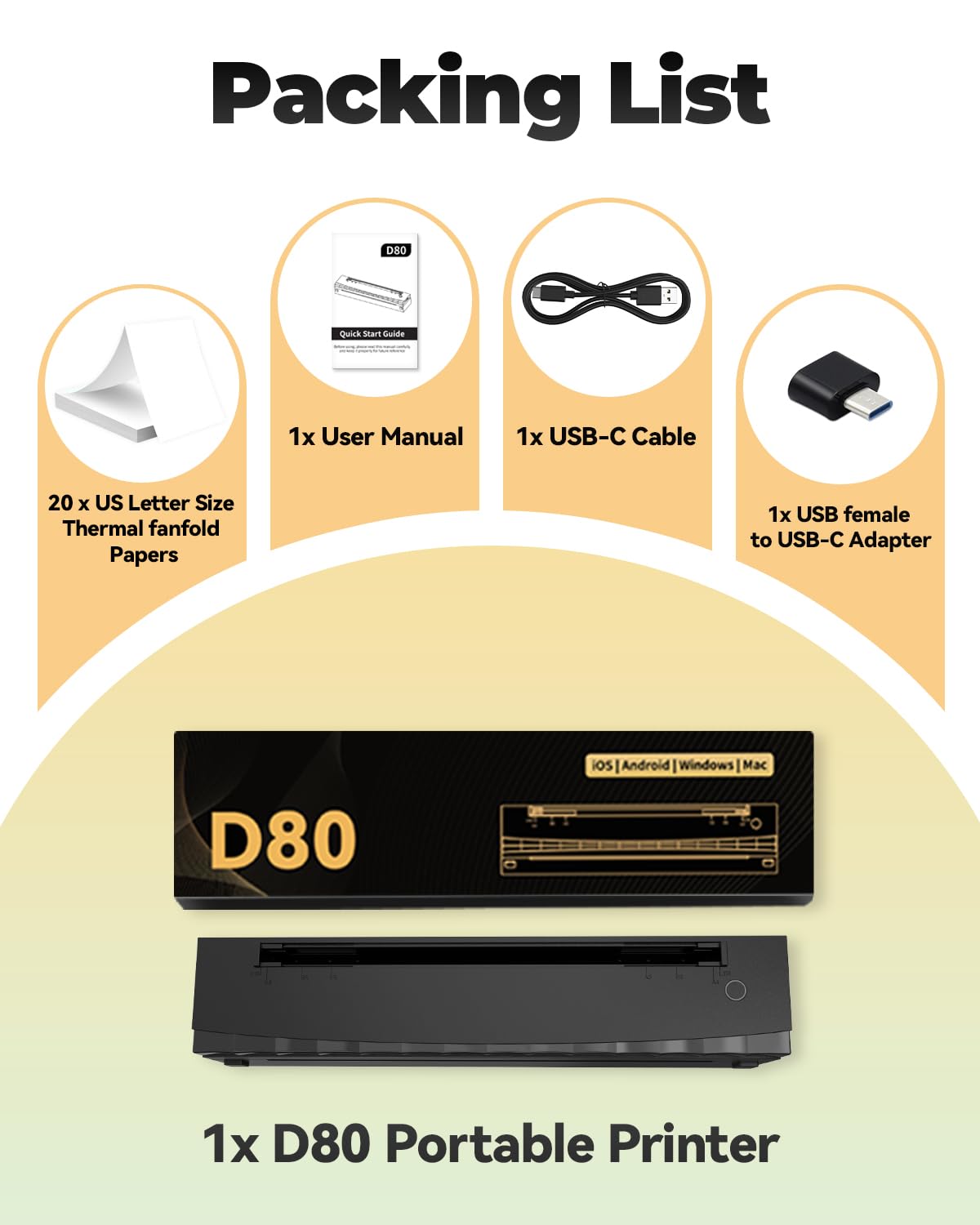 NDYIN Portable Printer Wireless for Travel, D80 Thermal Printer, Inkless Printers, Compatible with iOS, Android, Laptop, Supports 8.5" x 11" US Letter & A4 & A5 for Home Use, Office, Vehicles, Black