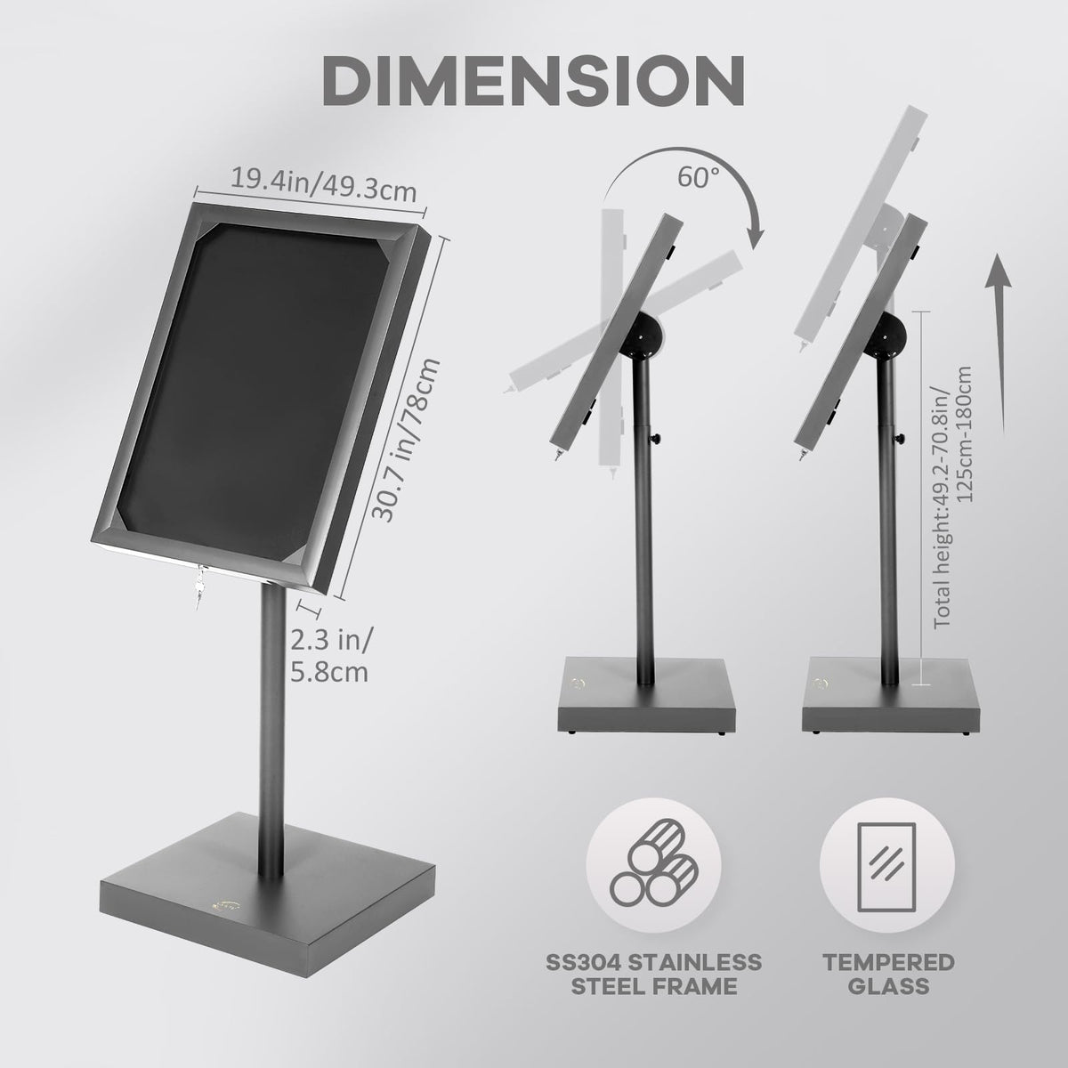 Vaste Large Steel Menu Displays Adjustable Floor Standing Holder Advertising Display with Cover Heavy-duty Base LED Lights Locks for Shopping malls restaurants conferences exhibitions（Black）