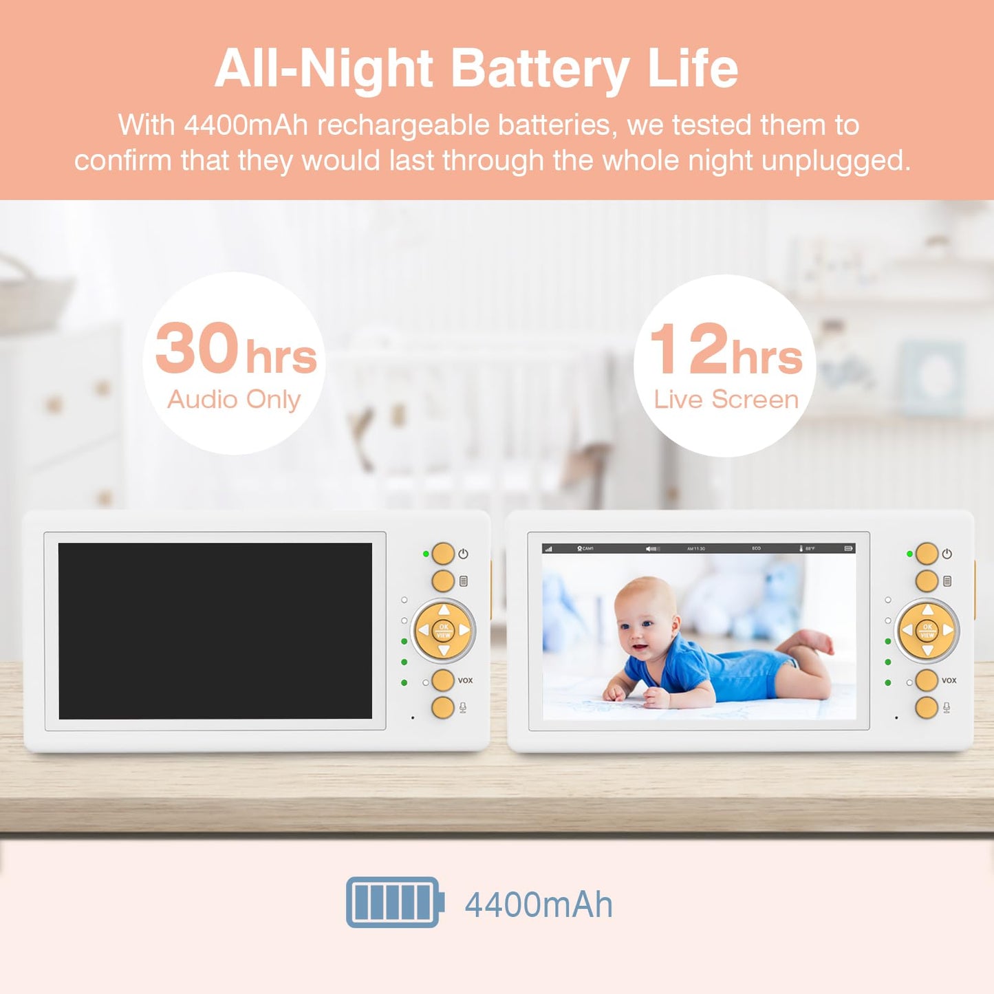 JouSecu Baby Monitor No WiFi, 5" 720P HD Screen Baby Monitor with Camera and Audio with 30hrs Long Battery Life, Baby Camera Monitor Two-Way Talk, VOX, Infrared Night Vision, Temperature Monitoring