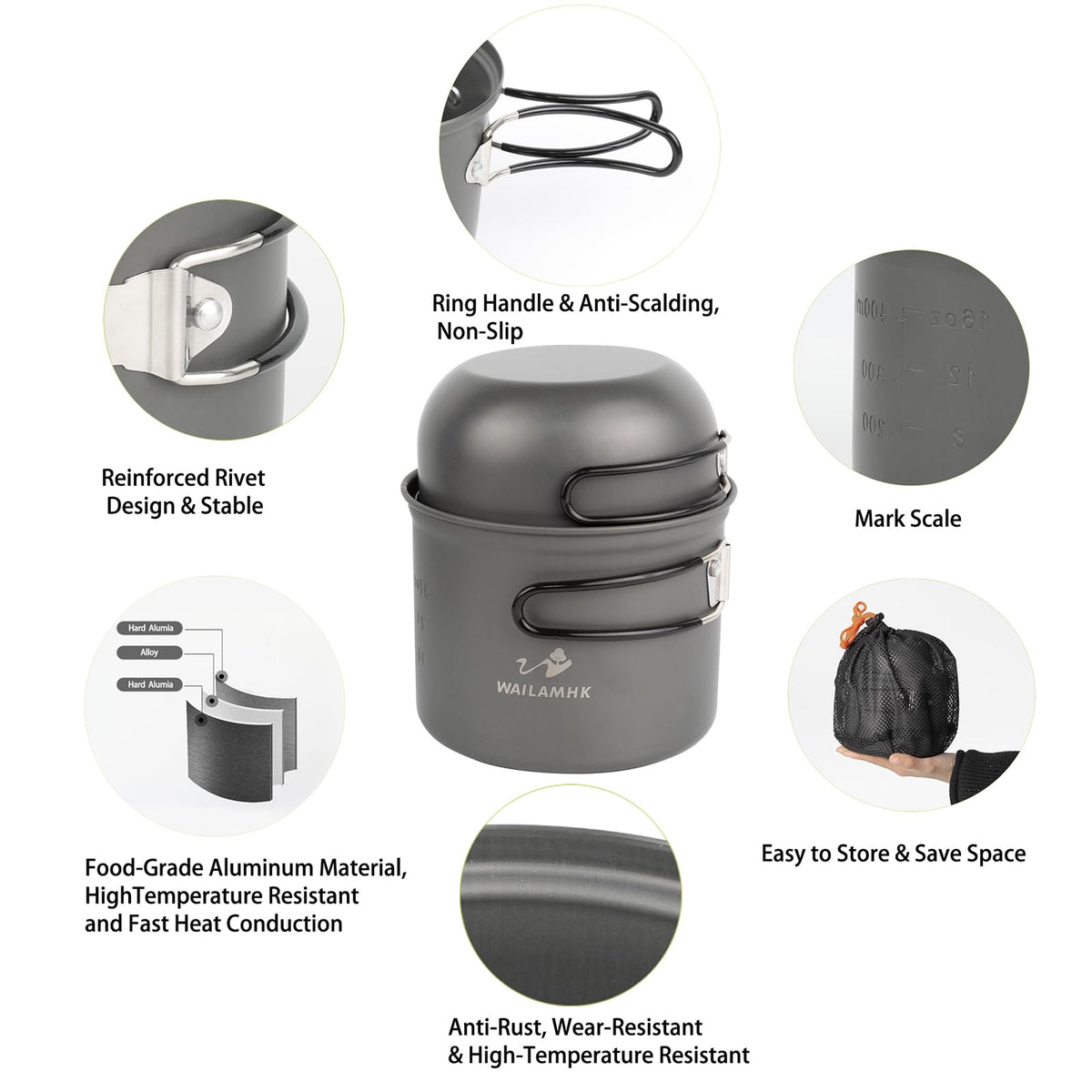 WAILAMHK Camping Cookware Mess Kit, 17 pcs Backpacking Cooking Gear, Lightweight Camping Pots and Stove Set for 3 Person, Outdoor Cooking Gear Ideal for Camping, Hiking, Backpacking and Picnic
