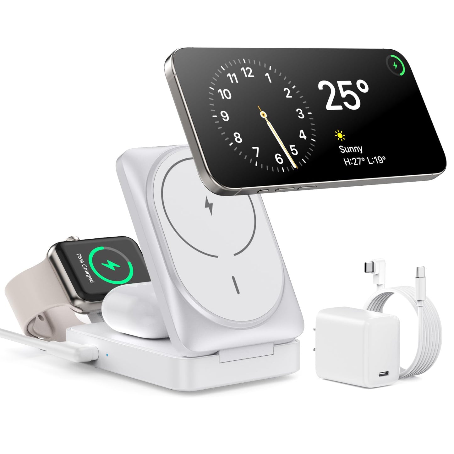3 in 1 Wireless Charger Charging Station for iPhone,Travel Foldable Magnetic 15W Fast Wireless Charger Stand for Mag-Safe with 30W USB C Adapter for iPhone 17/16/15/14/13/12,Apple Watch,AirPods