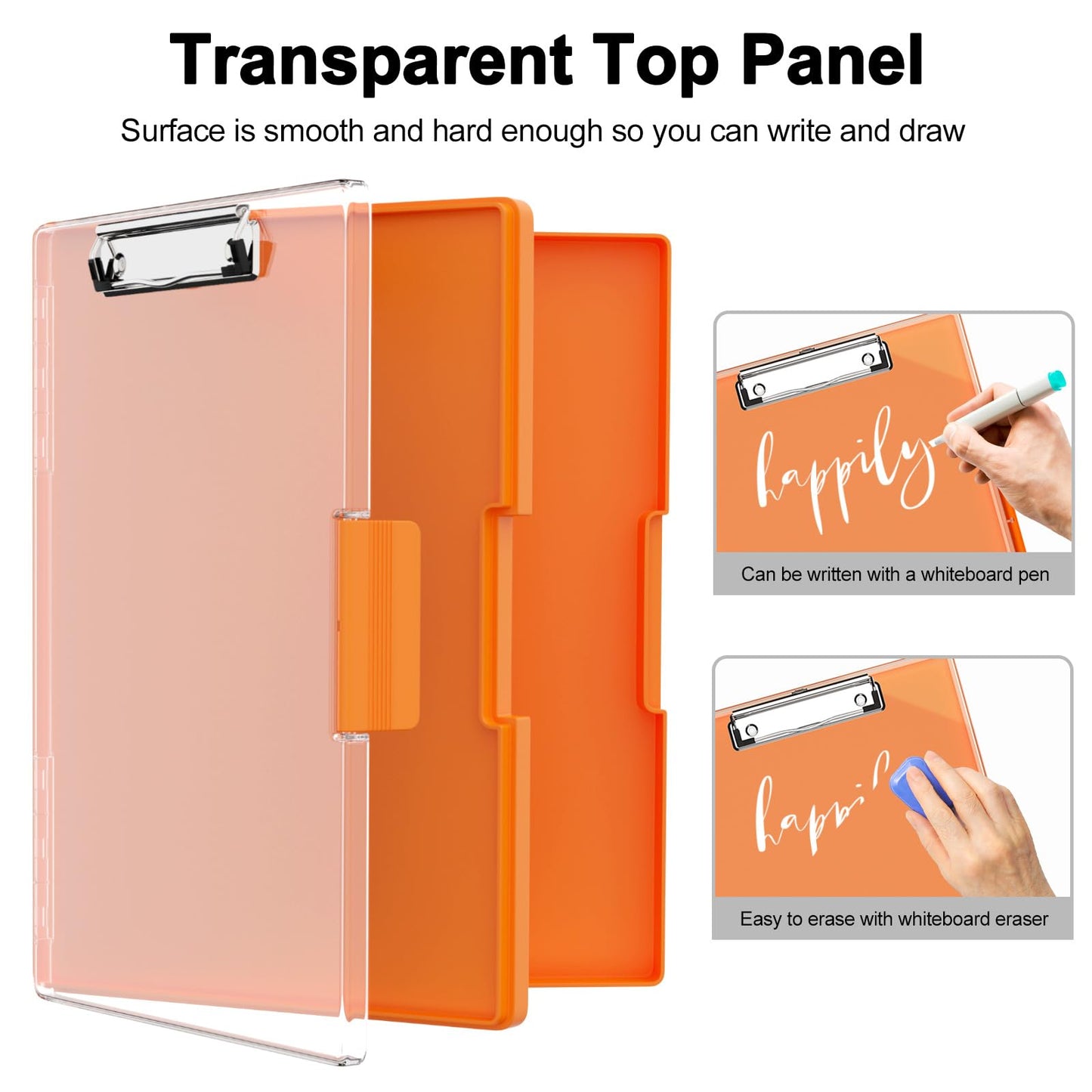 Piasoenc Clipboard with Storage, 8.5 x 11 Clip Boards with 2 Storage Case and A4 Paper Folder, Clear Dry Erase Top Panel, Heavy Duty Plastic, Folio & Side Opening, for Nurses, Teachers, Lawers,Orange