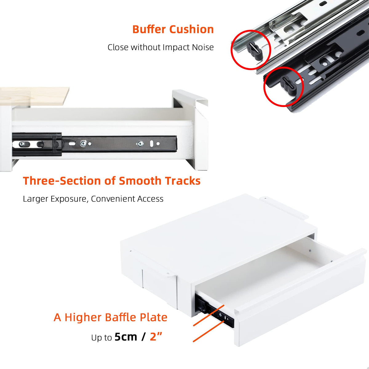 OSteed Under Desk Drawer 18", Pull-out Storage Organizer with Large Slide Extension Mounted Under Flat Wooden Table or Workbench, White_Normal Version