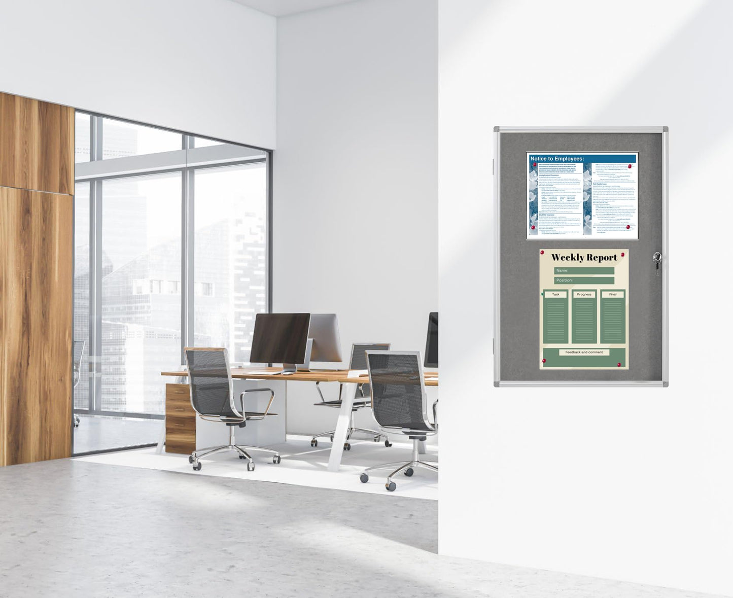 A AIRLLEN Enclosed Lockable Bulletin Board 24 x 36 Inch Indoor Notice Board with 2 Keys – Wall Mounted Felt Acrylic Display Case Aluminum Frame for Office, School, Hallway