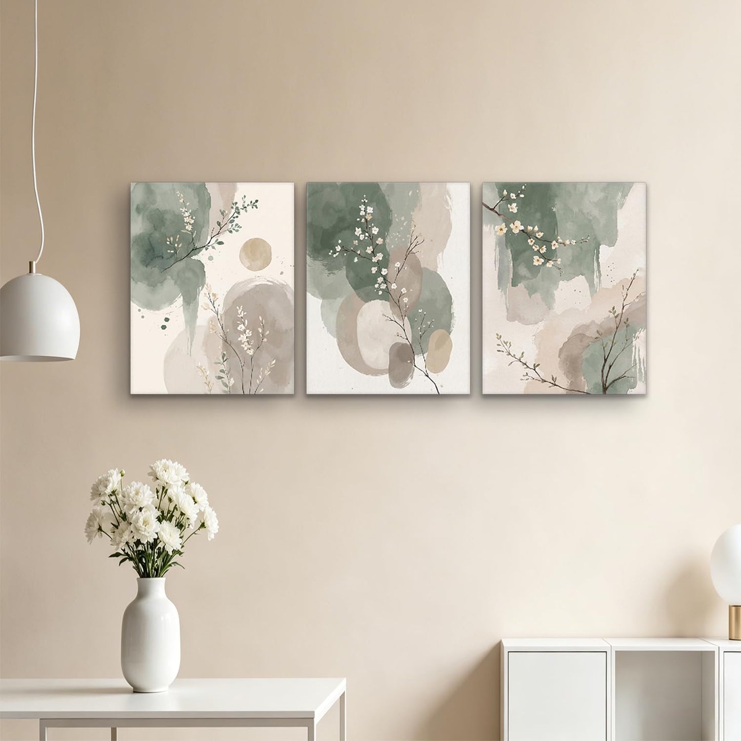 Framed canvas floral wall art neutral colors hazy feel botanical print poster gallery style painting print for living room bedroom bathroom office 16x24 inch 3-piece set.