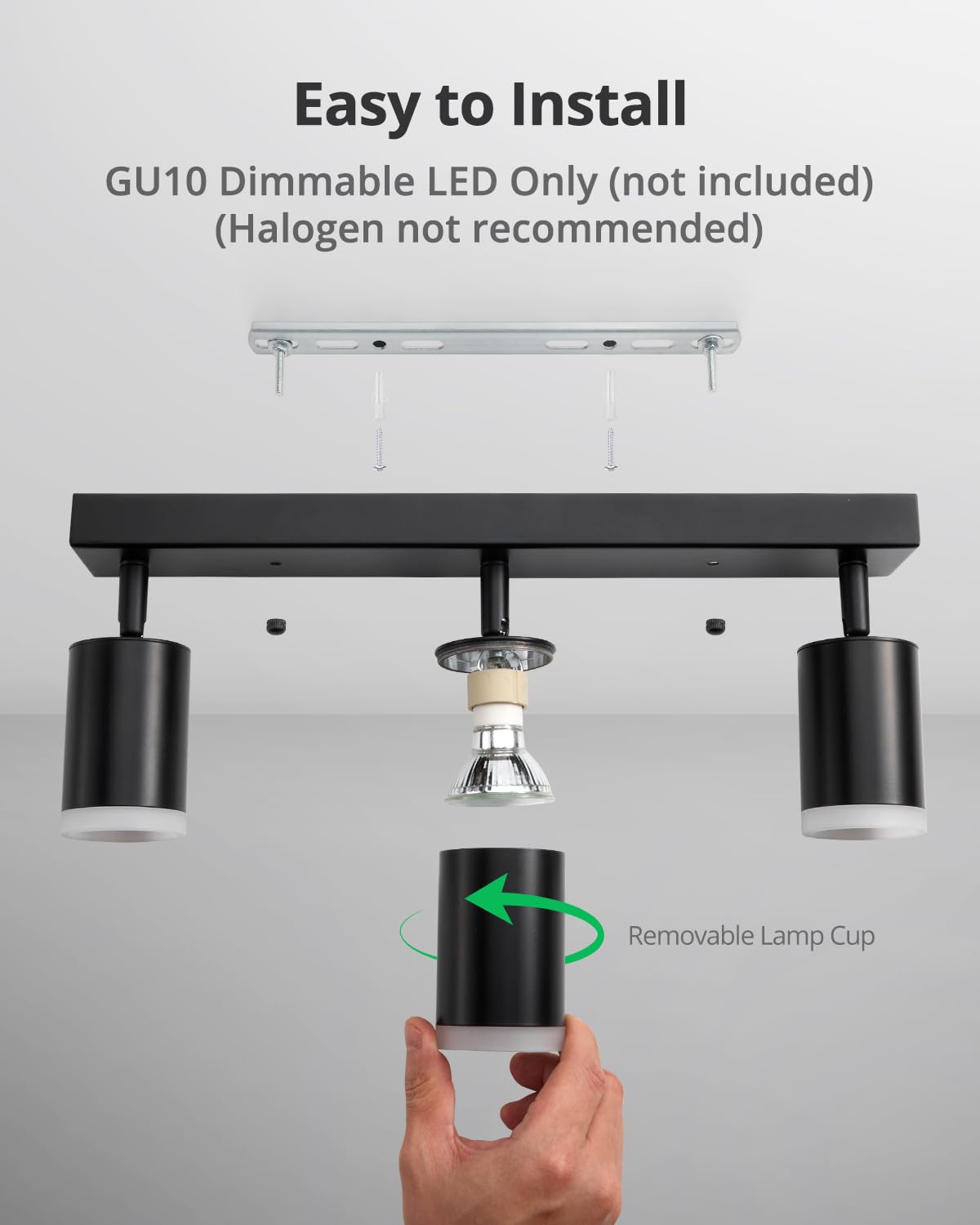 Bojim Plug in Ceiling Track Lighting with 14.3ft Power Cord for Kitchen, Dimmable LED Spotlight Wall Mounted for Sala, Black 3 Lights Fixture Removable Cup for Bedroom Farmhouse Studio, GU10 No Bulb