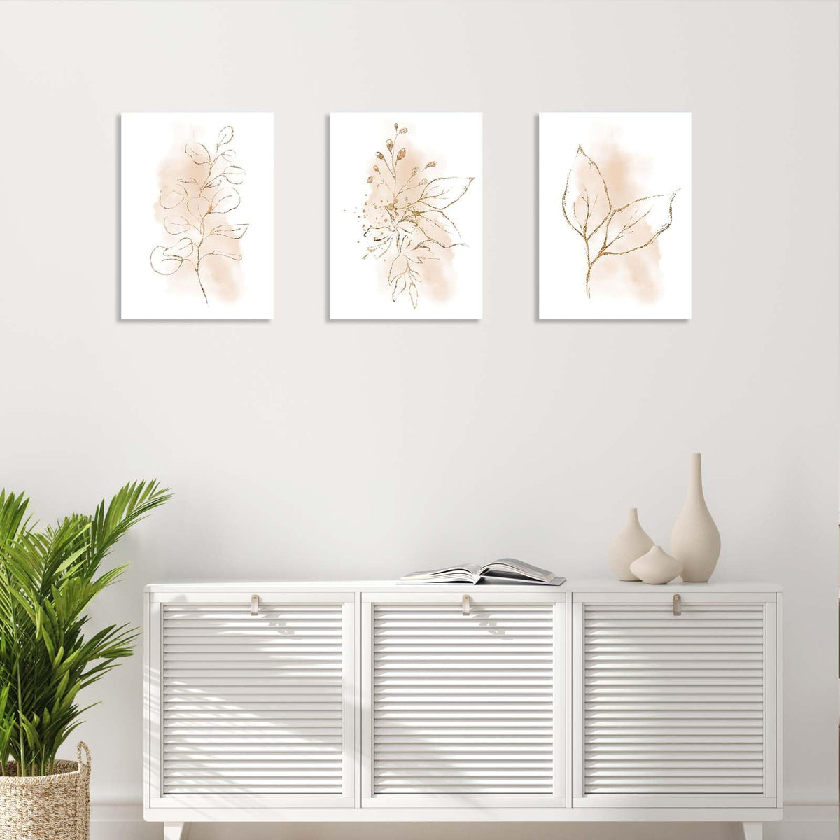 3 Piece Wall Art Framed Canvas Wall Art Neutral Botanical Line Drawing Pictures Wall Decor Beige Minimalist Leaf Artwork for Living Room Bedroom Bathroom Office – Ready to Hang with Hooks and Nails, 12x16 Inch