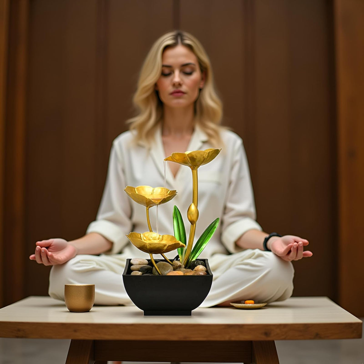 Qingyingge 11‘’ H Gold Tabletop Water Fountain, Zen Desktop Waterfall, Indoor Lotus Desktop Decorative Fountain, Home Bathroom Bedroom Decor.