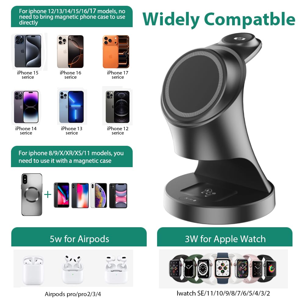 Wireless Charger,3 in 1 Magnetic Wireless Charger Stand, Fast Wireless Charging Dock for iPhone17/16/15/14/13/12 Series, Apple Watch Series, AirPods Pro.