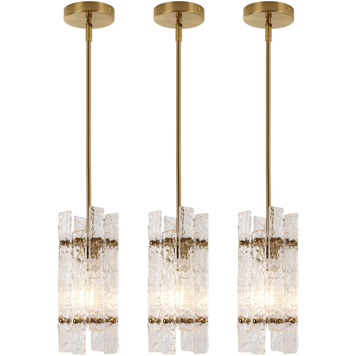 Modern Crystal Pendant Light for Kitchen Island, Gold Luxury Mini Water Ripple Glass Chandelier Lights Fixture, Modern square Adjustable Hanging Pendant Lighting for Dining Room Bedroom (3-Pack)