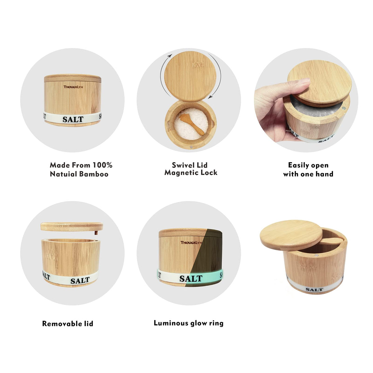 ThougrLyh Salt Box Bamboo Salt Container with Swivel Lid with Magnetic to Easily Open and Seal Salt Cellar With Spoon for Storing Salt Pepper Sugar Herbs Small Spice Box