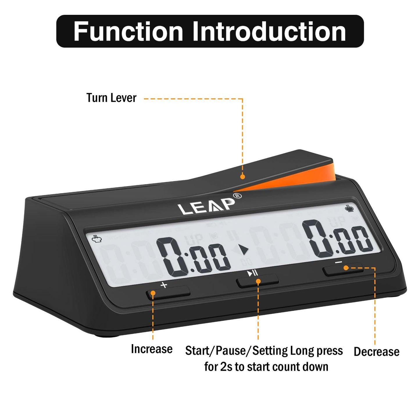 LEAP Chess Clock Digital Chess Timer Advanced for Board Game and Chess Timer with Bonus & Delay Count Down up Alarm Black/Orange