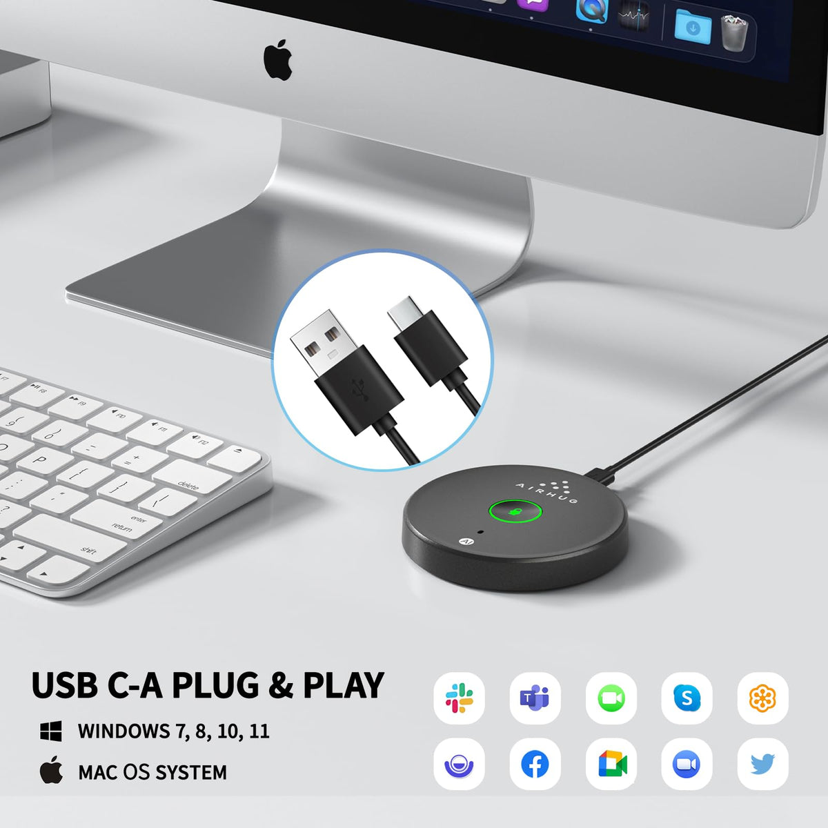 AIRHUG USB Microphone No Speaker,Desktop Computer Mic, Mute Button with LED Indicator,AI Noise Reduction,Plug & Play Omnidirectional Condenser PC Laptop Mics,for Online Calls/Class/Recording Video