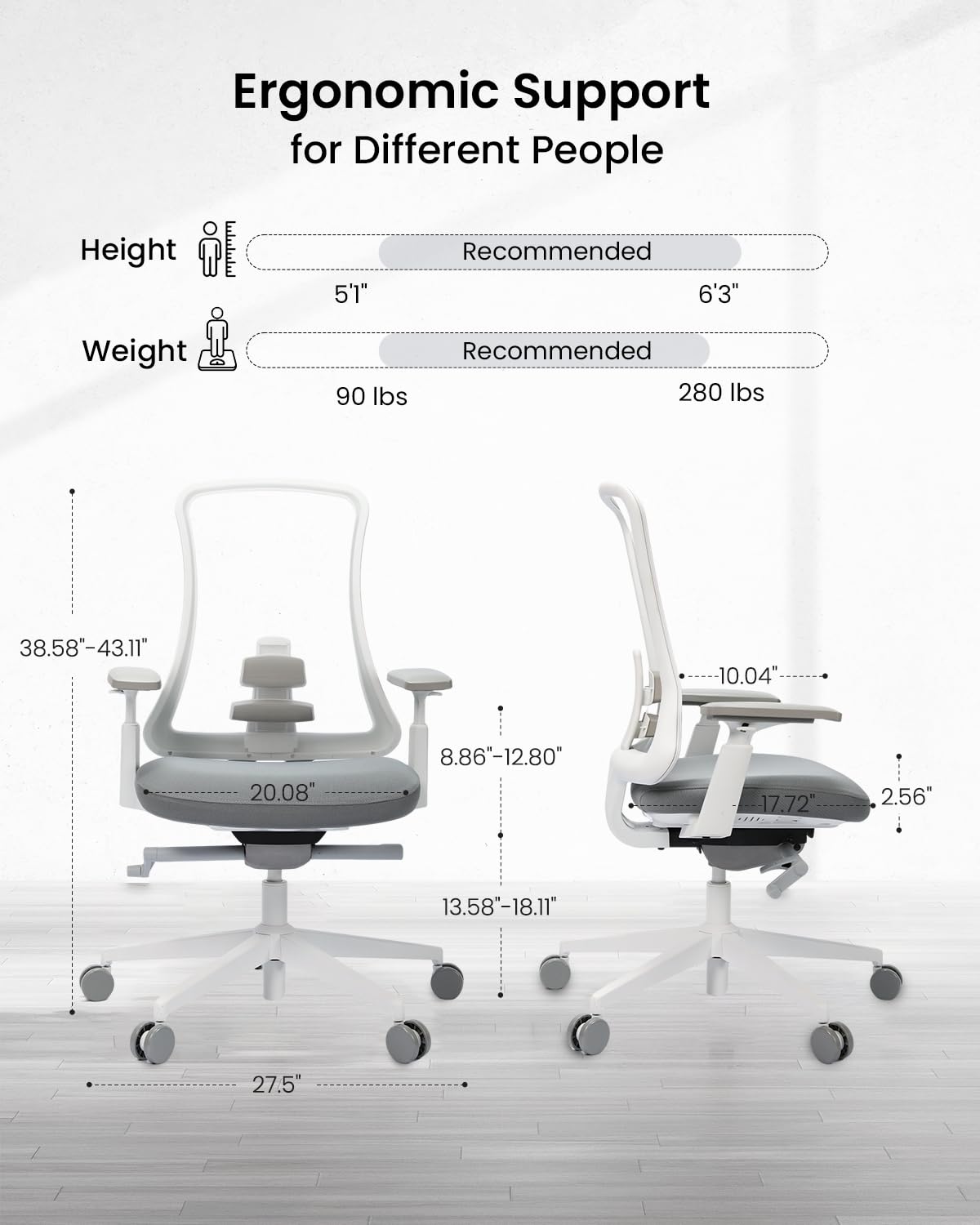 ProtoArc Ergonomic Office Chair - Flexer Pro Mesh Desk Chair with Lumbar Support for Women, Slide Seat & 4D Armrests, Tilt Lock | Stylish & Comfortable for Home Office, Computer Work - White
