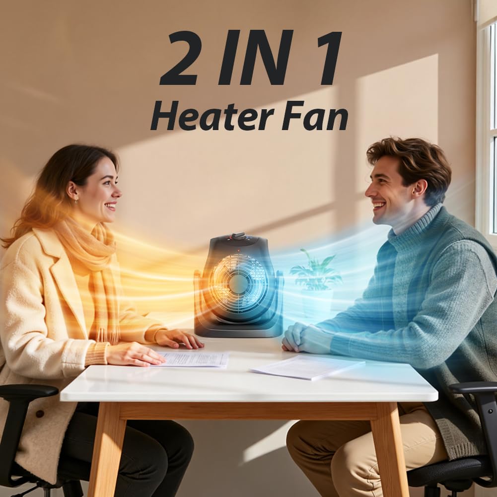 Portable Electric Space Heater Cooling Desk Fan 2 in 1 Heater Fan Combo with 45° Tilt, 2 Wind Speeds, 1500W Overheat Protection Personal Small Heater for Home Office