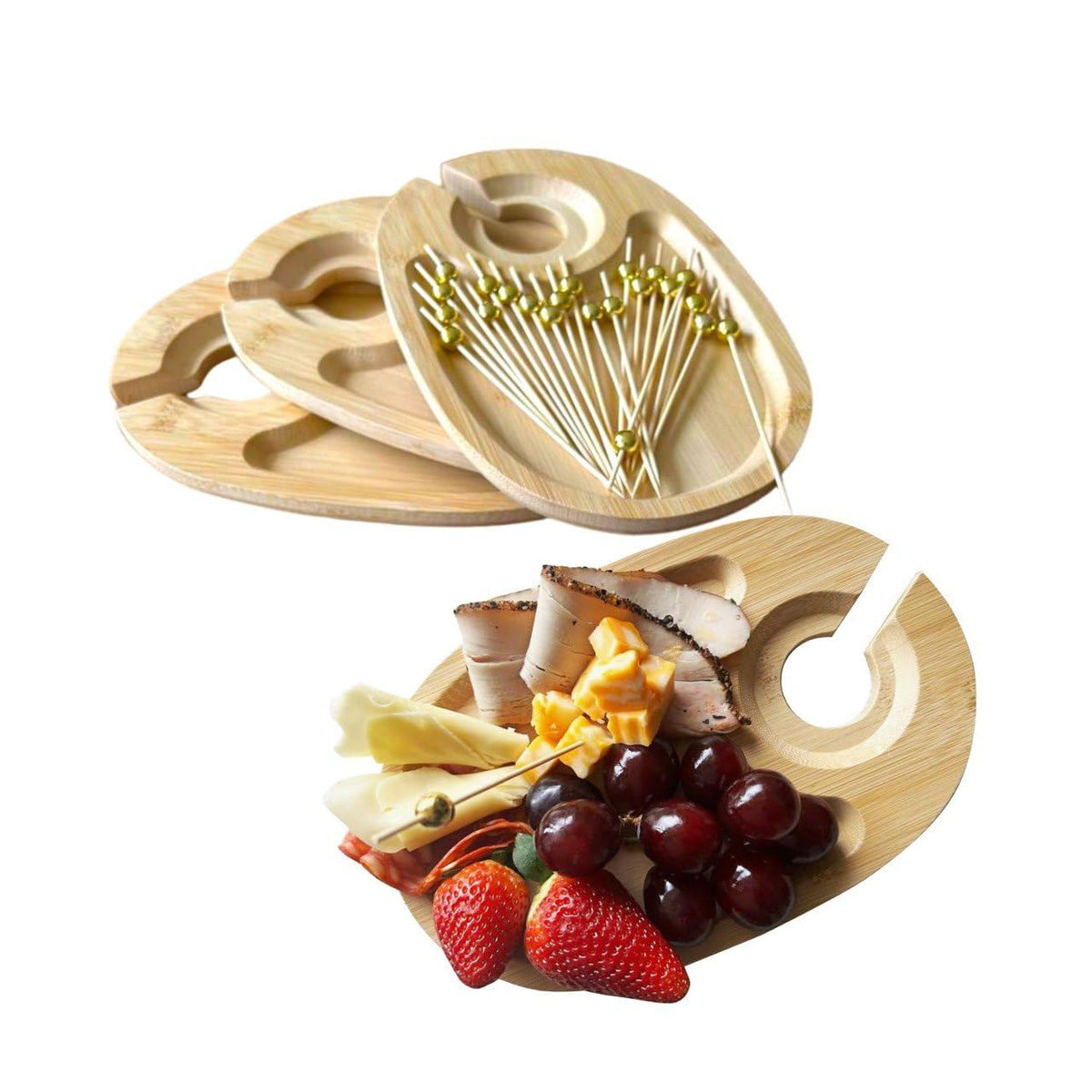 ENIXXIO 4 PCS Wine Appetizer Plates for Wine & Cheese Parties – Individual Mini Charcuterie Boards with Wine Glass Topper Appetizer Plates, Cheese Board with Wine Holder and 100 Bamboo Picks